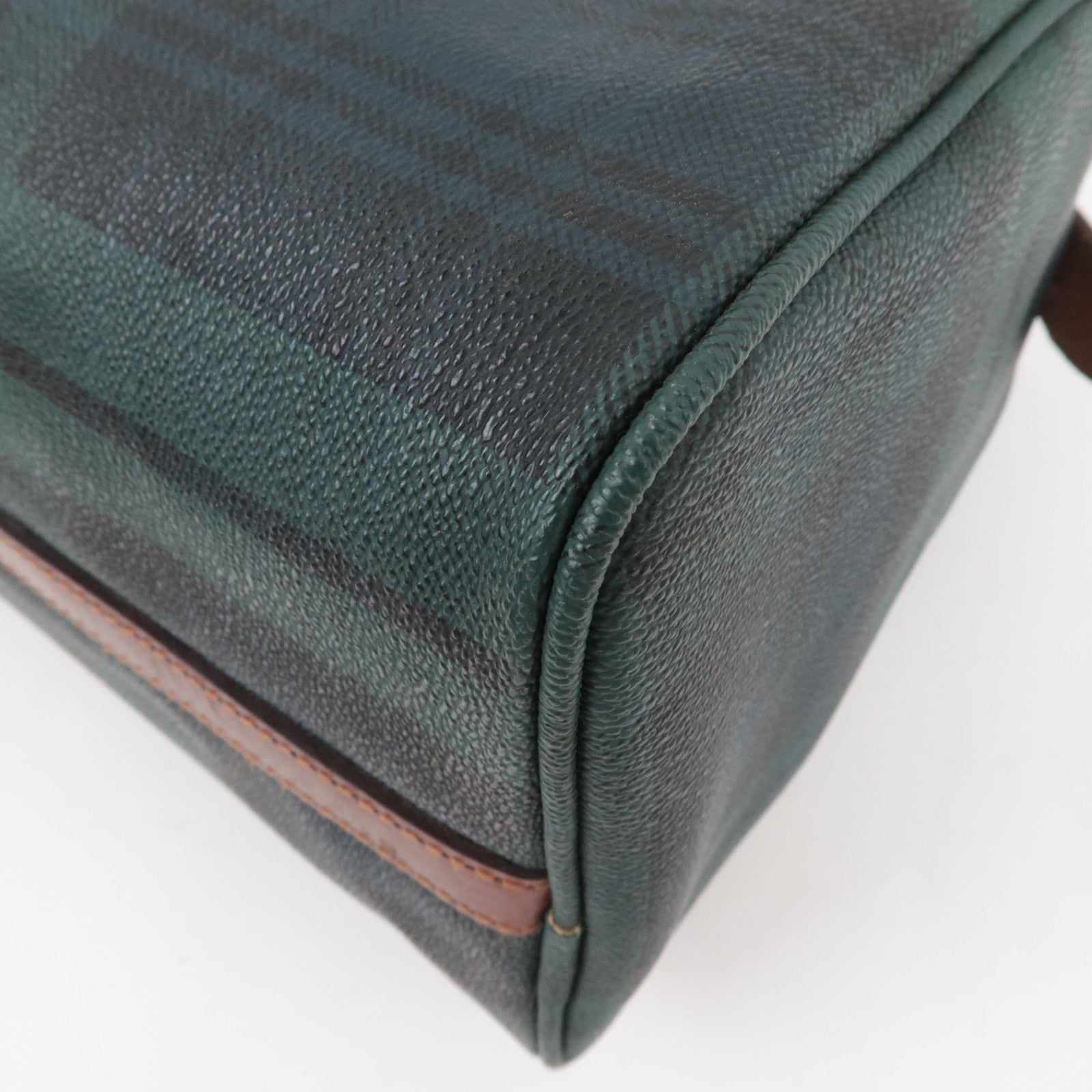 Polo Ralph Lauren Plaid Boston Bag PVC Leather Navy Green *Name tag, Brush