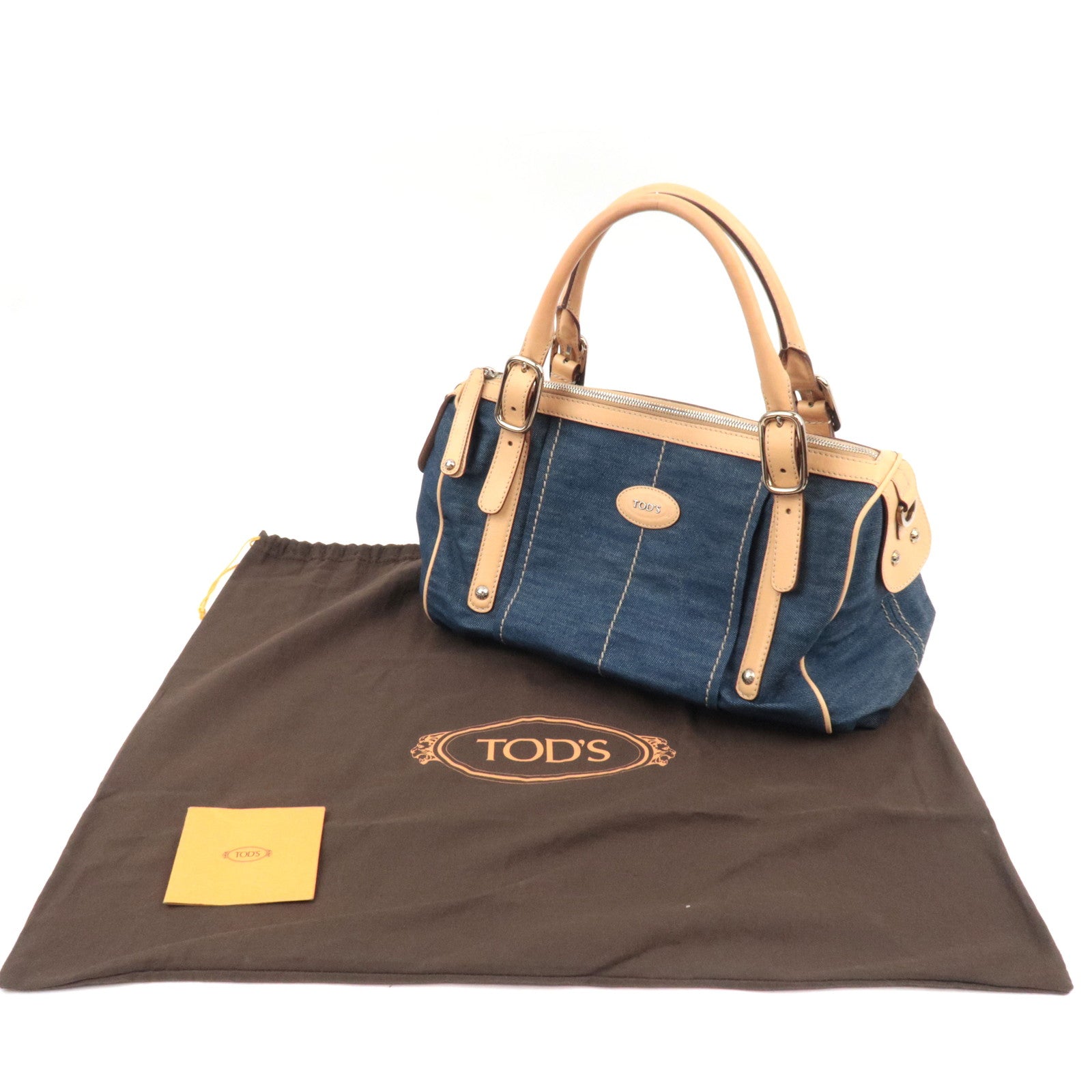 TOD'S Boston Bag Denim Leather Blue Beige *Dust bag