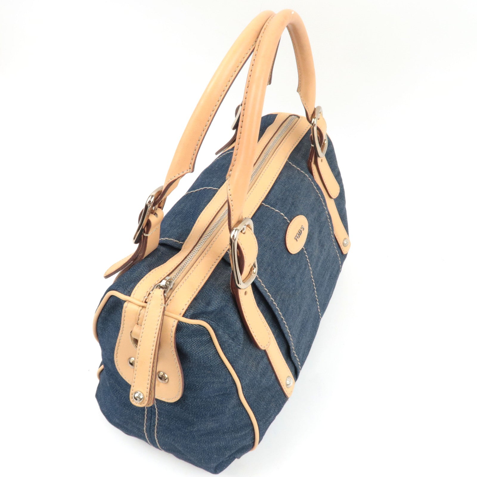 TOD'S Boston Bag Denim Leather Blue Beige *Dust bag