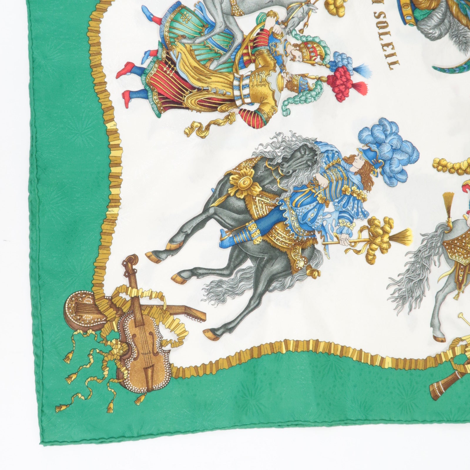 HERMES Carre 90 Scarf LES FETES DU ROI SOLEIL 100% Silk Green White