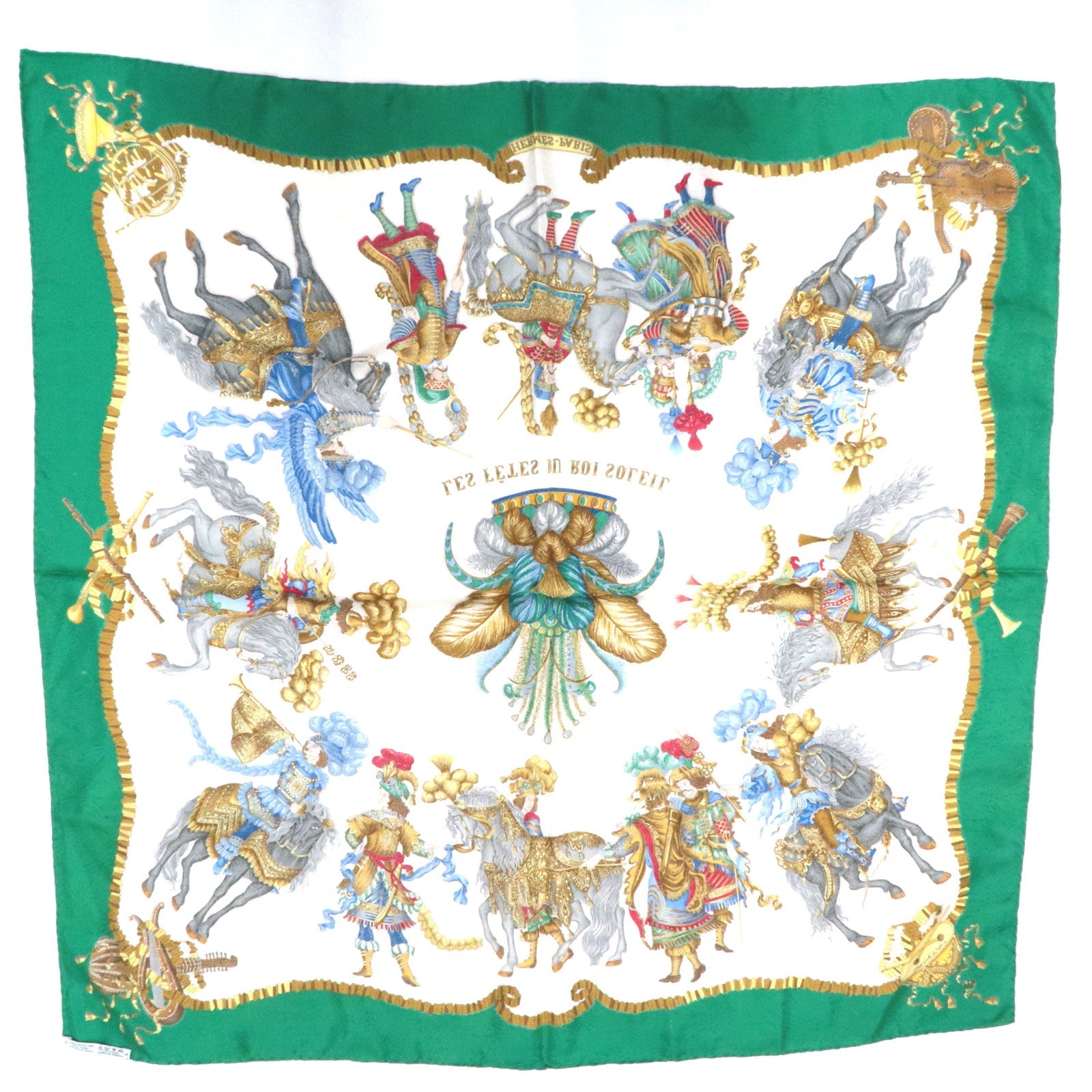 HERMES Carre 90 Scarf LES FETES DU ROI SOLEIL 100% Silk Green White