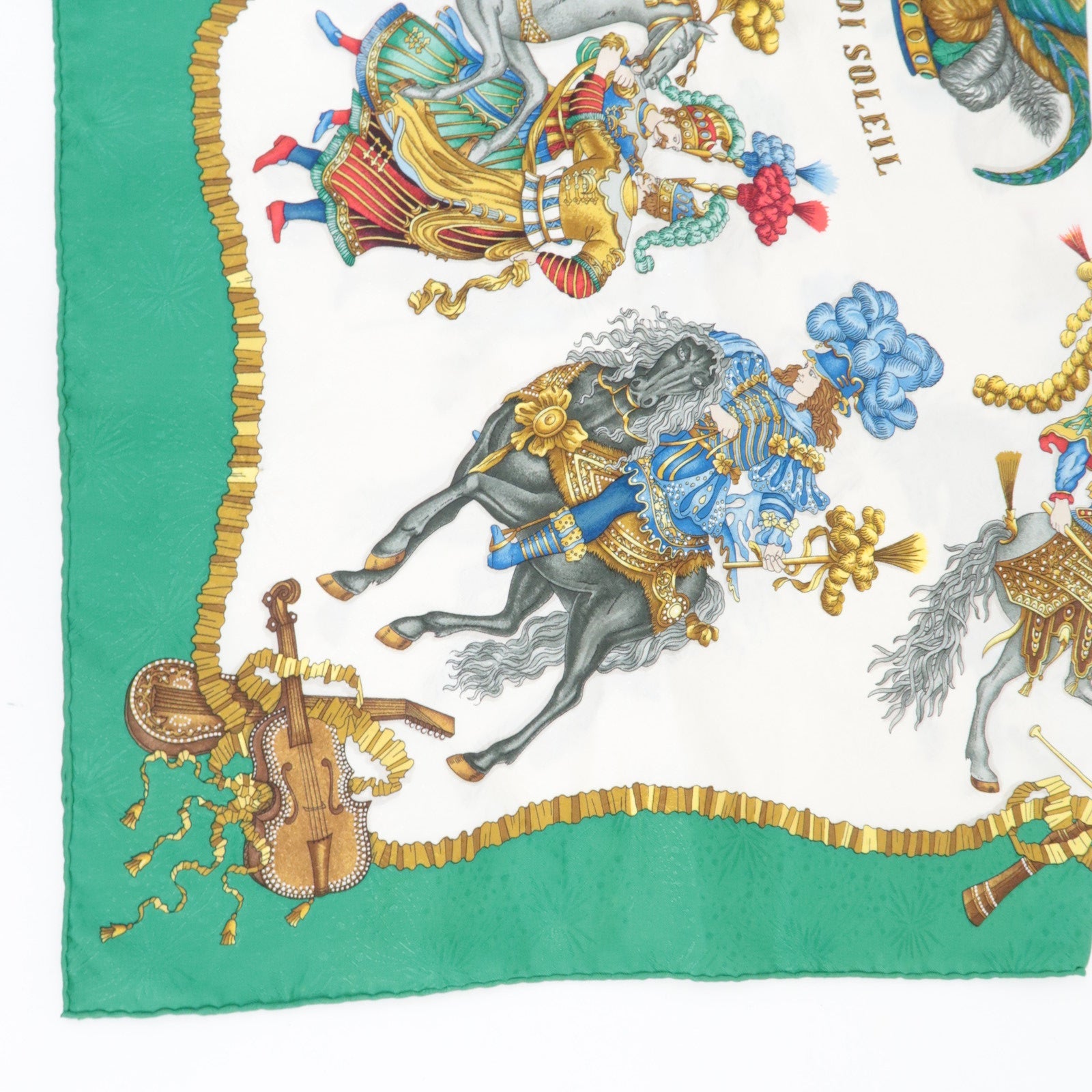 HERMES Carre 90 Scarf LES FETES DU ROI SOLEIL 100% Silk Green White