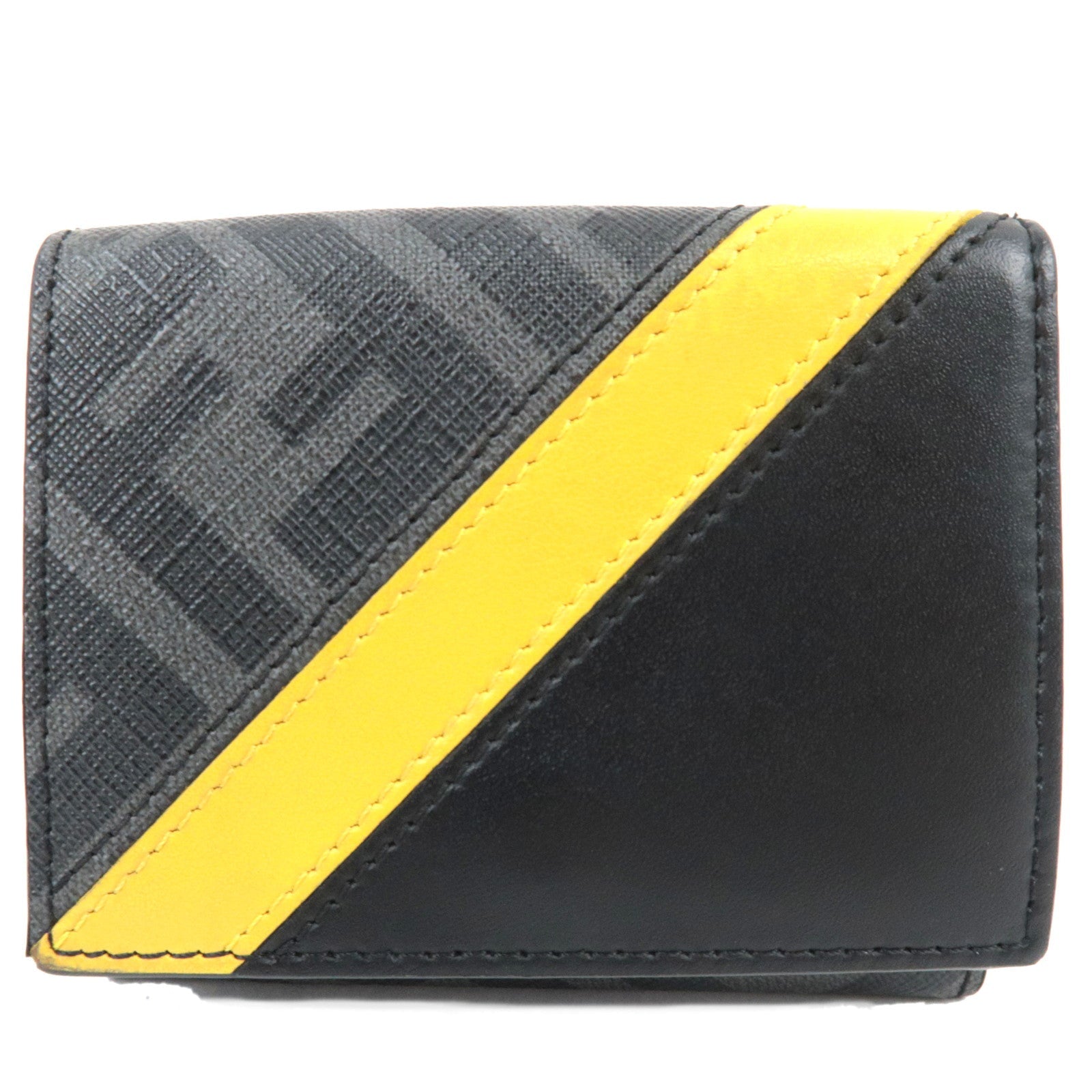 FENDI Zucca Diagonal Compact Tri-Fold Wallet Leather Black Yellow 7M0280 *Box, Dust bag81498