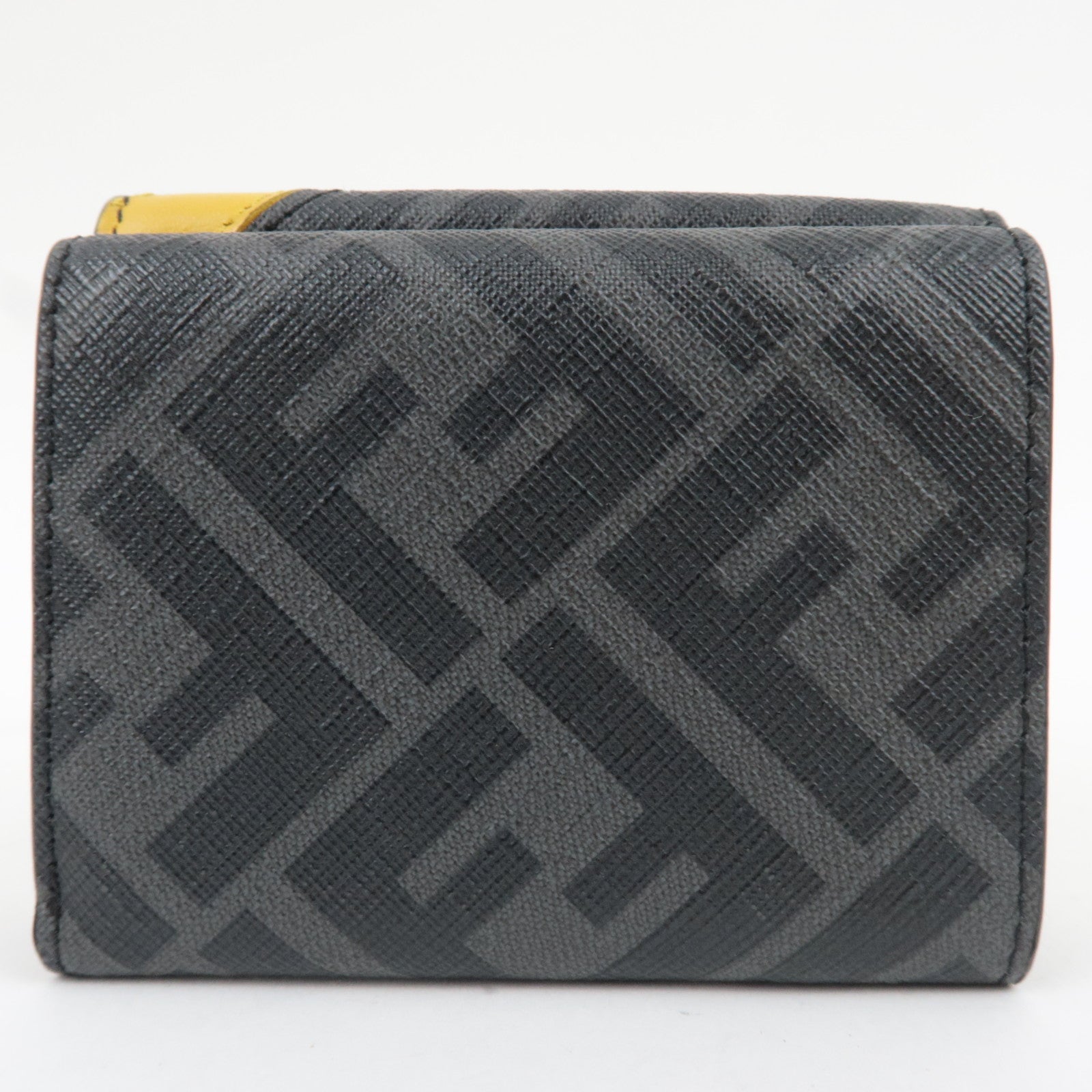 FENDI Zucca Diagonal Compact Tri-Fold Wallet Leather Black Yellow 7M0280 *Box, Dust bag