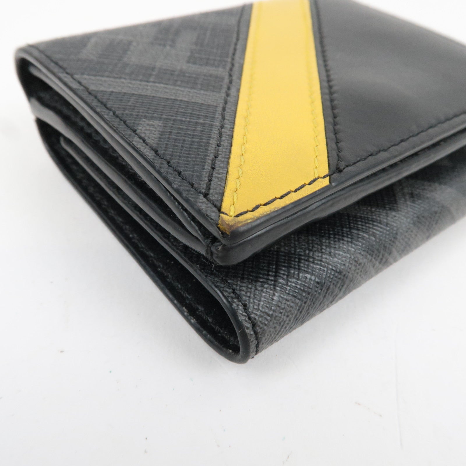 FENDI Zucca Diagonal Compact Tri-Fold Wallet Leather Black Yellow 7M0280 *Box, Dust bag