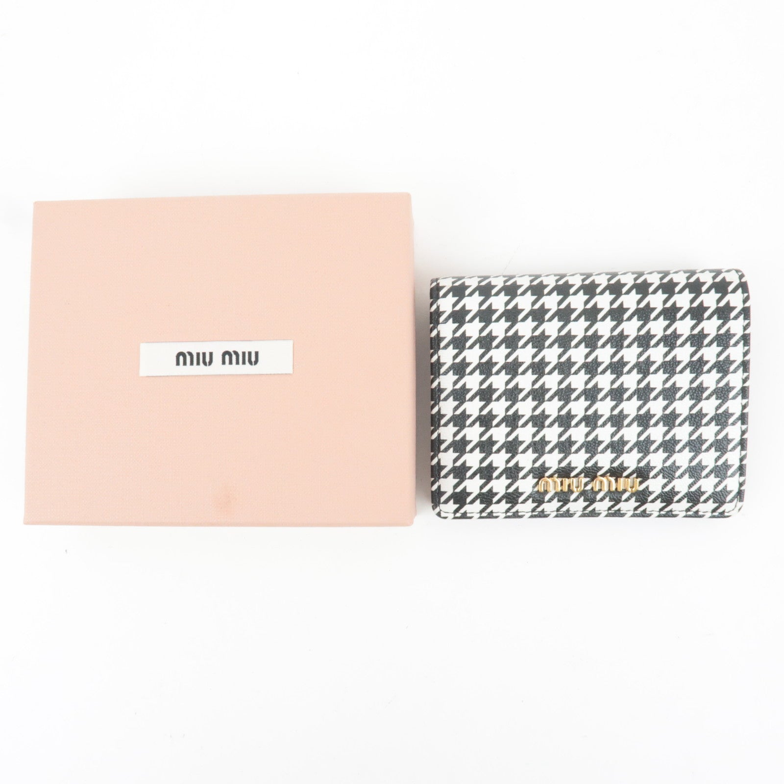 MIU MIU Houndstooth Bifold Wallet Leather Black White 5MV204 *Box
