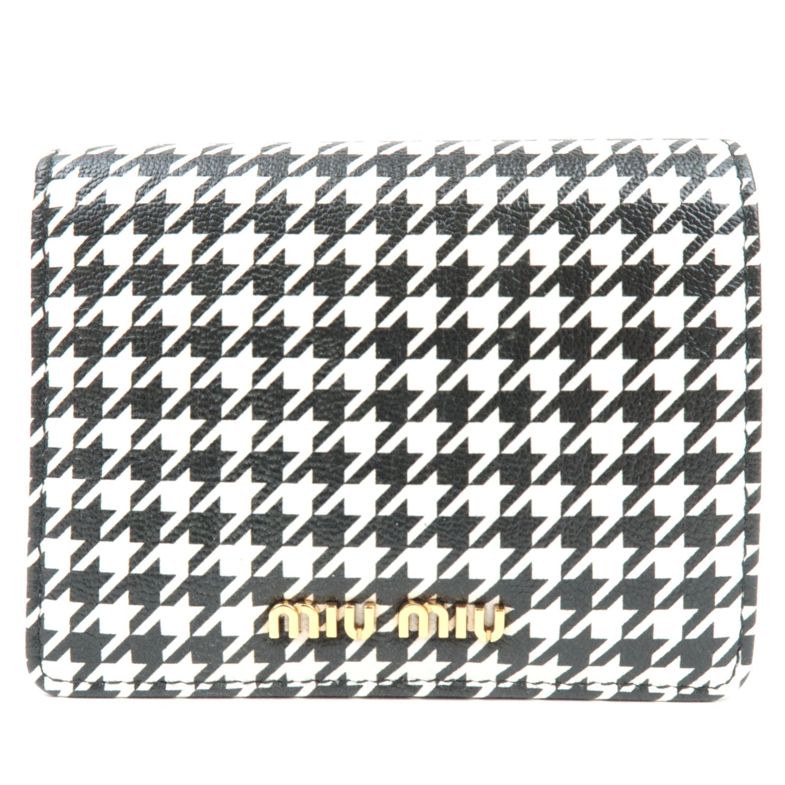MIU MIU Houndstooth Bifold Wallet Leather Black White 5MV204 *Box81552