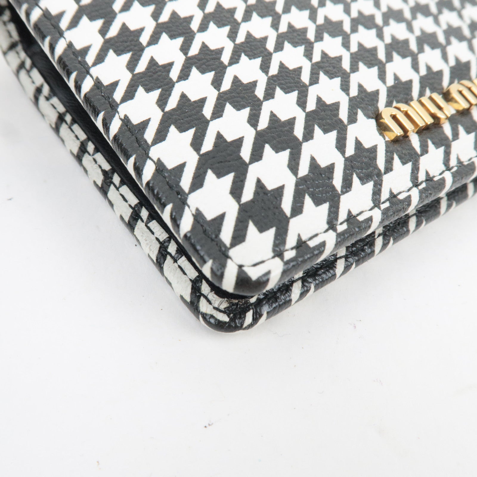 MIU MIU Houndstooth Bifold Wallet Leather Black White 5MV204 *Box