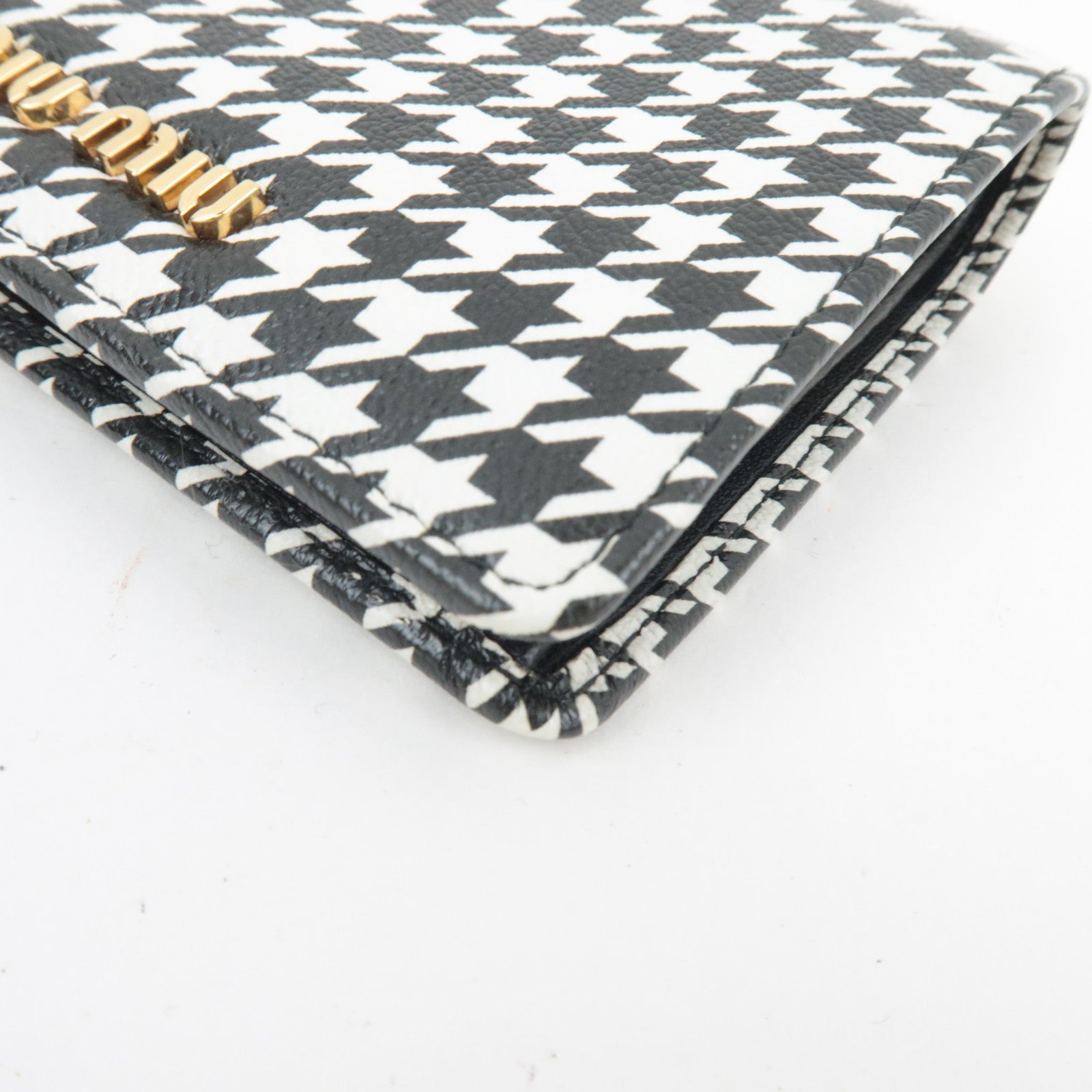 MIU MIU Houndstooth Bifold Wallet Leather Black White 5MV204 *Box