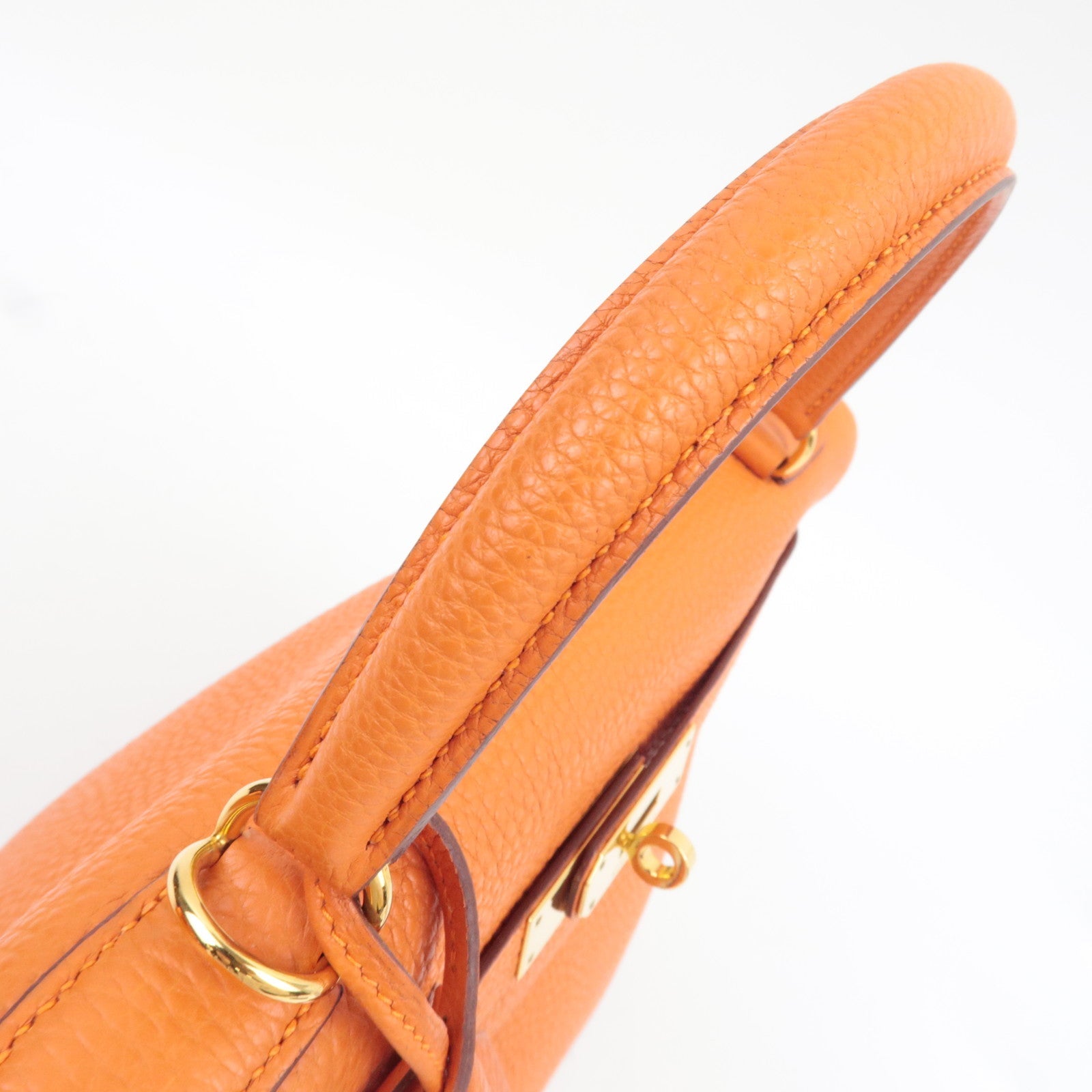 HERMES Kelly 32 Handbag H Stamp (2004) Taurillon Clemence Orange Gold HDW *Box, Dust bag, Strap, Key Lock, Clochette, Rain cover