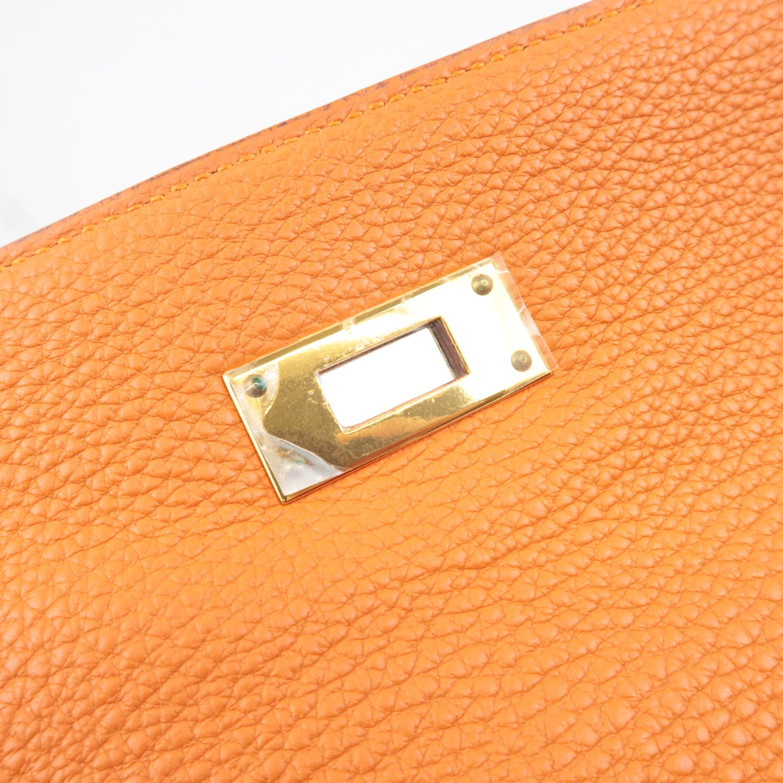 HERMES Kelly 32 Handbag H Stamp (2004) Taurillon Clemence Orange Gold HDW *Box, Dust bag, Strap, Key Lock, Clochette, Rain cover