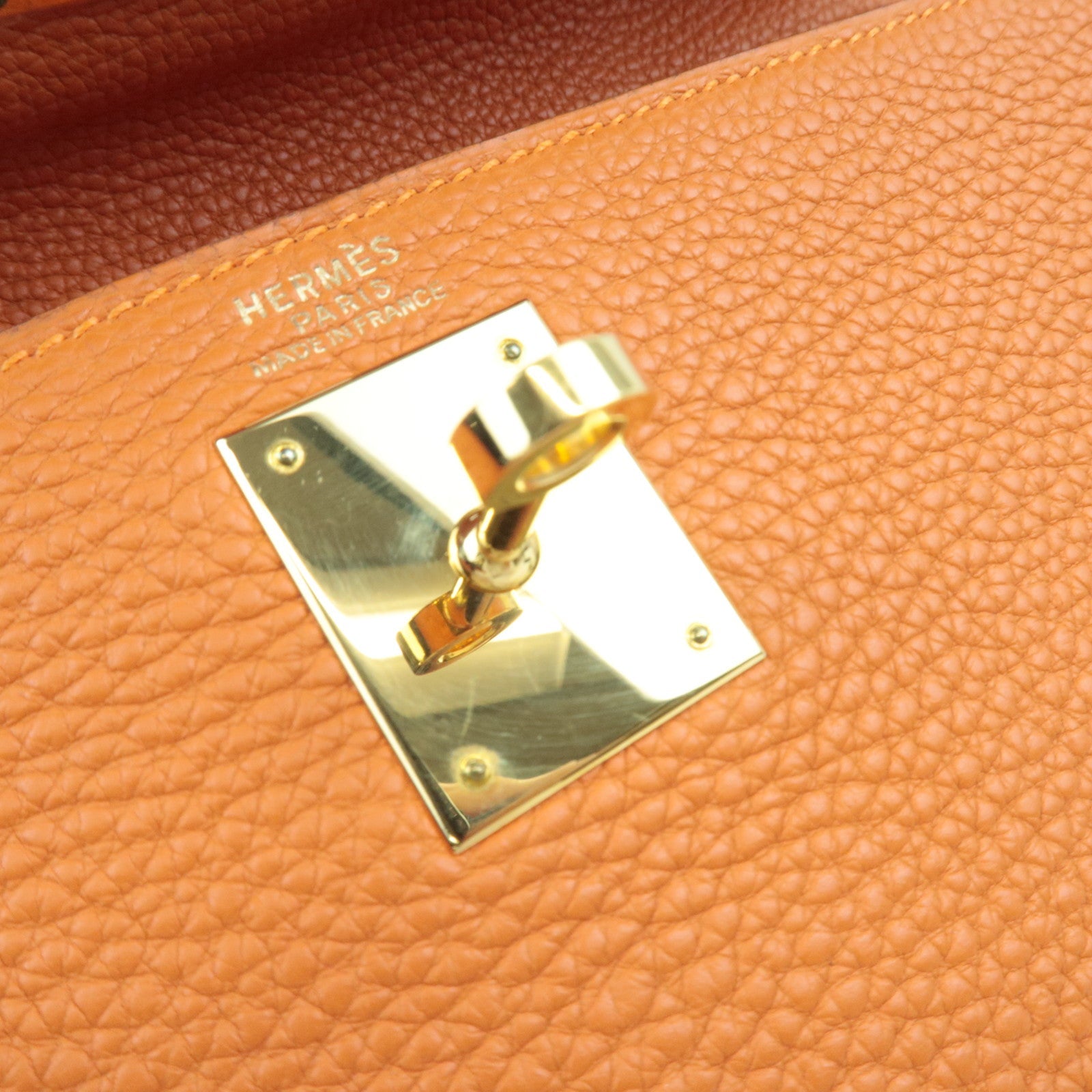 HERMES Kelly 32 Handbag H Stamp (2004) Taurillon Clemence Orange Gold HDW *Box, Dust bag, Strap, Key Lock, Clochette, Rain cover