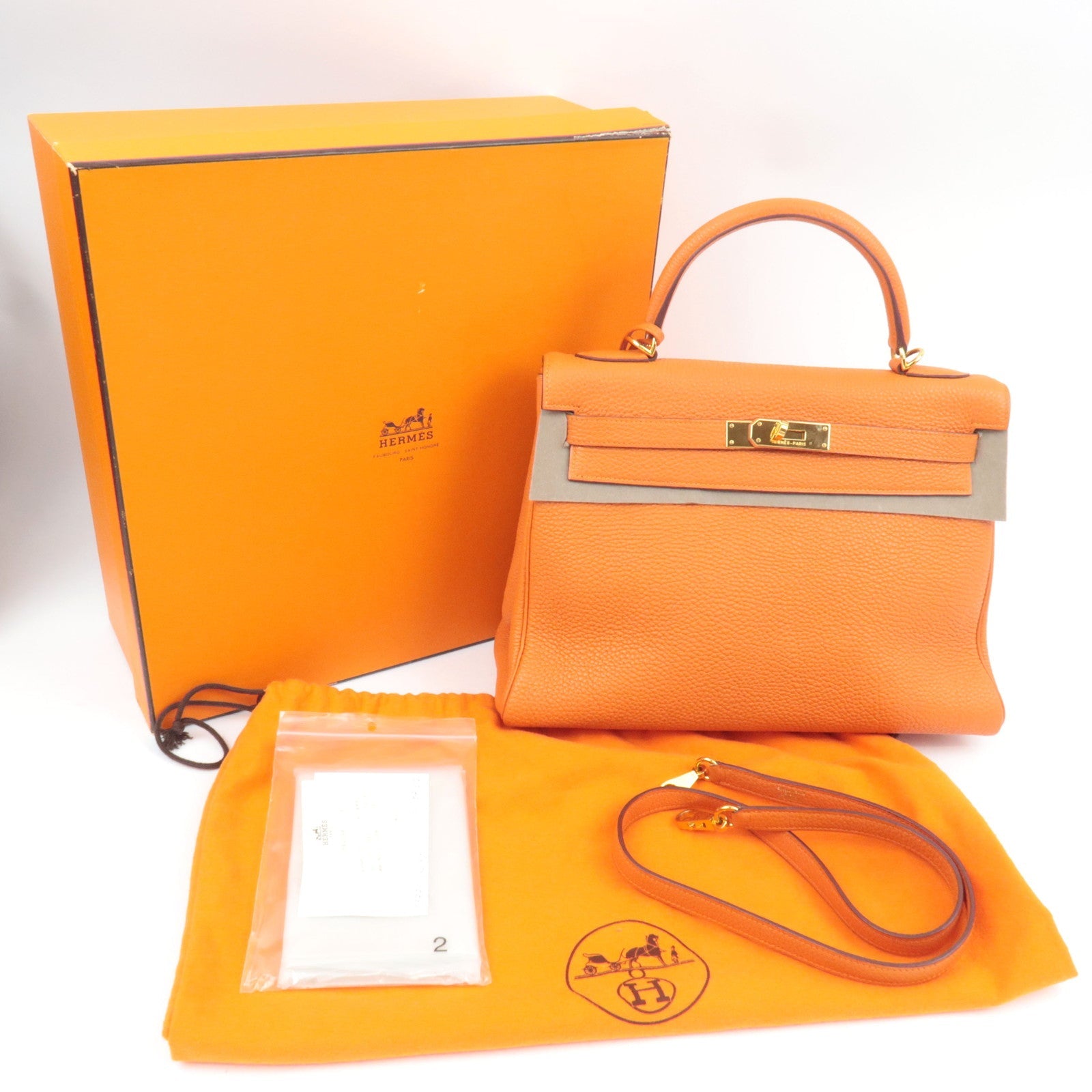 HERMES Kelly 32 Handbag H Stamp (2004) Taurillon Clemence Orange Gold HDW *Box, Dust bag, Strap, Key Lock, Clochette, Rain cover