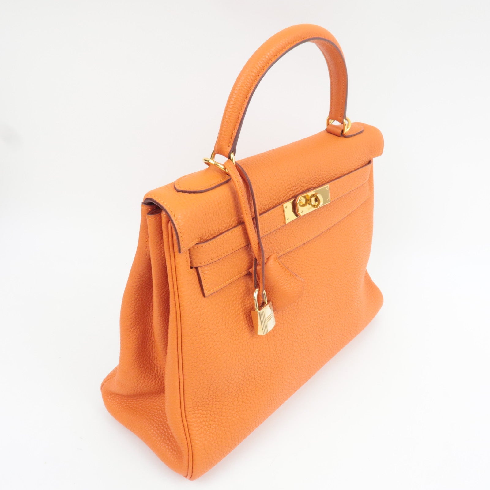 HERMES Kelly 32 Handbag H Stamp (2004) Taurillon Clemence Orange Gold HDW *Box, Dust bag, Strap, Key Lock, Clochette, Rain cover
