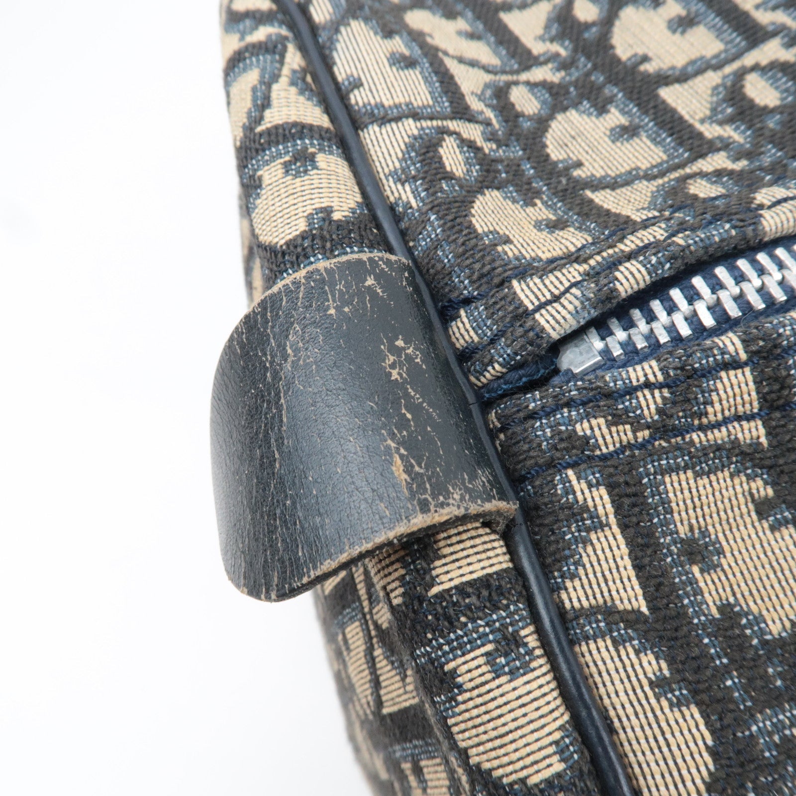 Christian Dior Trotter Boston Bag Canvas Leather Beige Navy