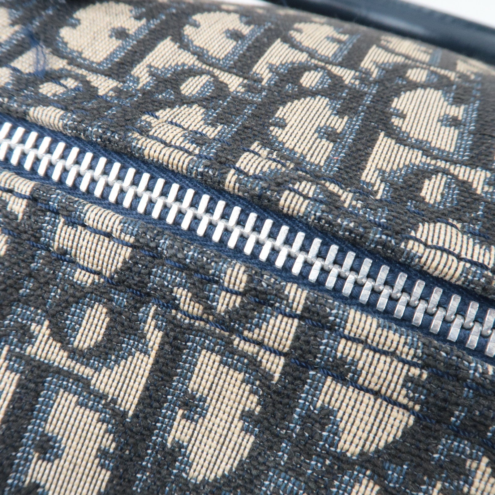 Christian Dior Trotter Boston Bag Canvas Leather Beige Navy