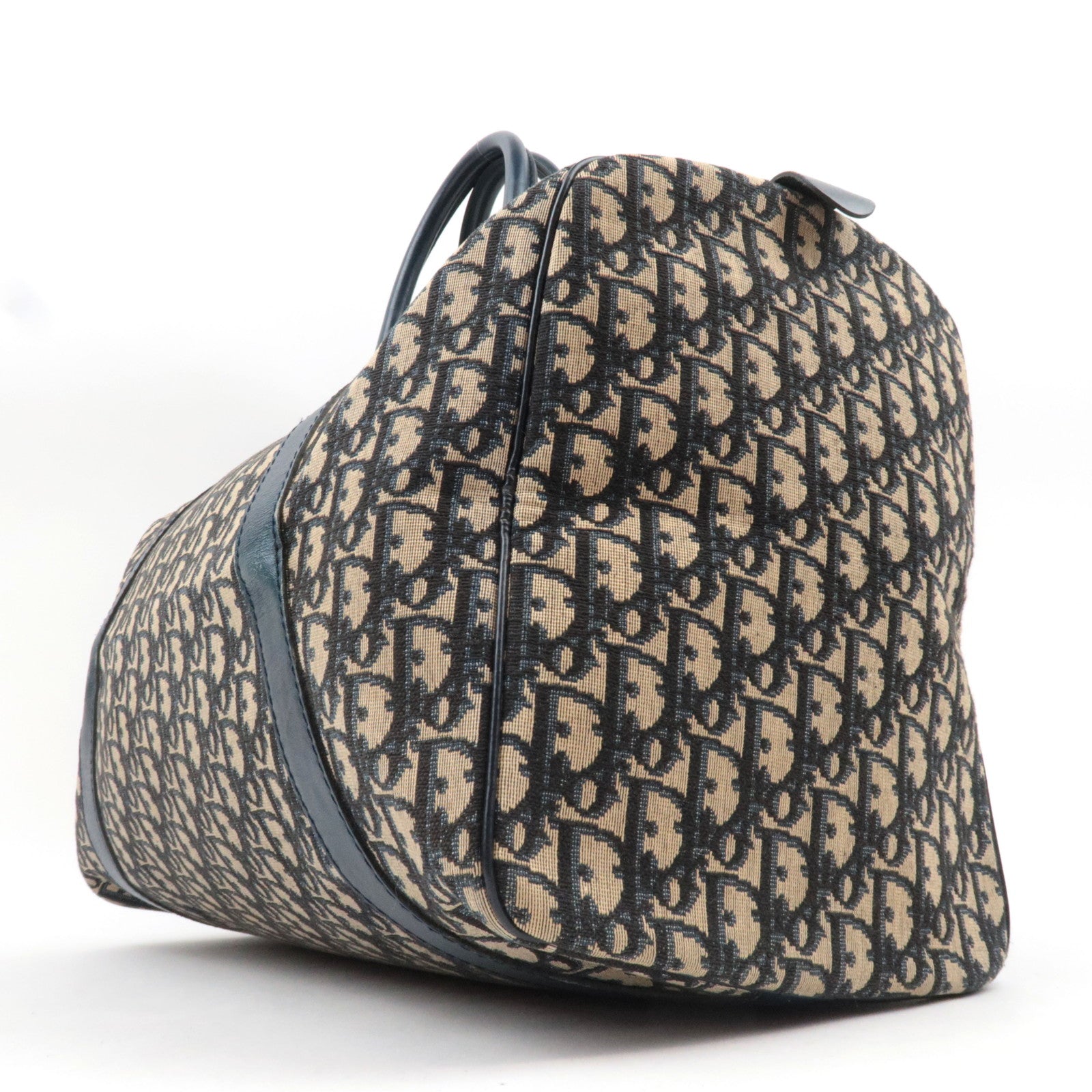 Christian Dior Trotter Boston Bag Canvas Leather Beige Navy