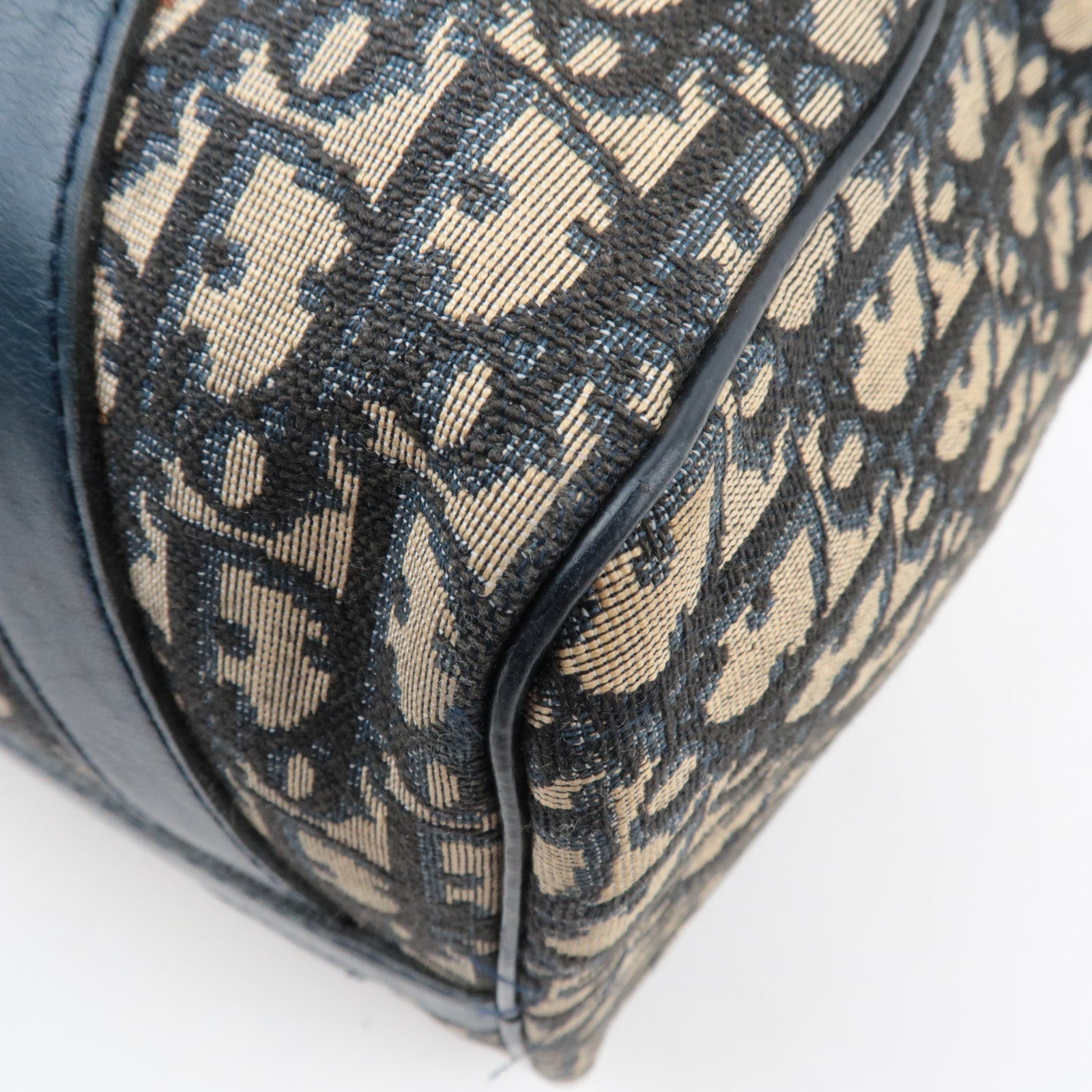 Christian Dior Trotter Boston Bag Canvas Leather Beige Navy