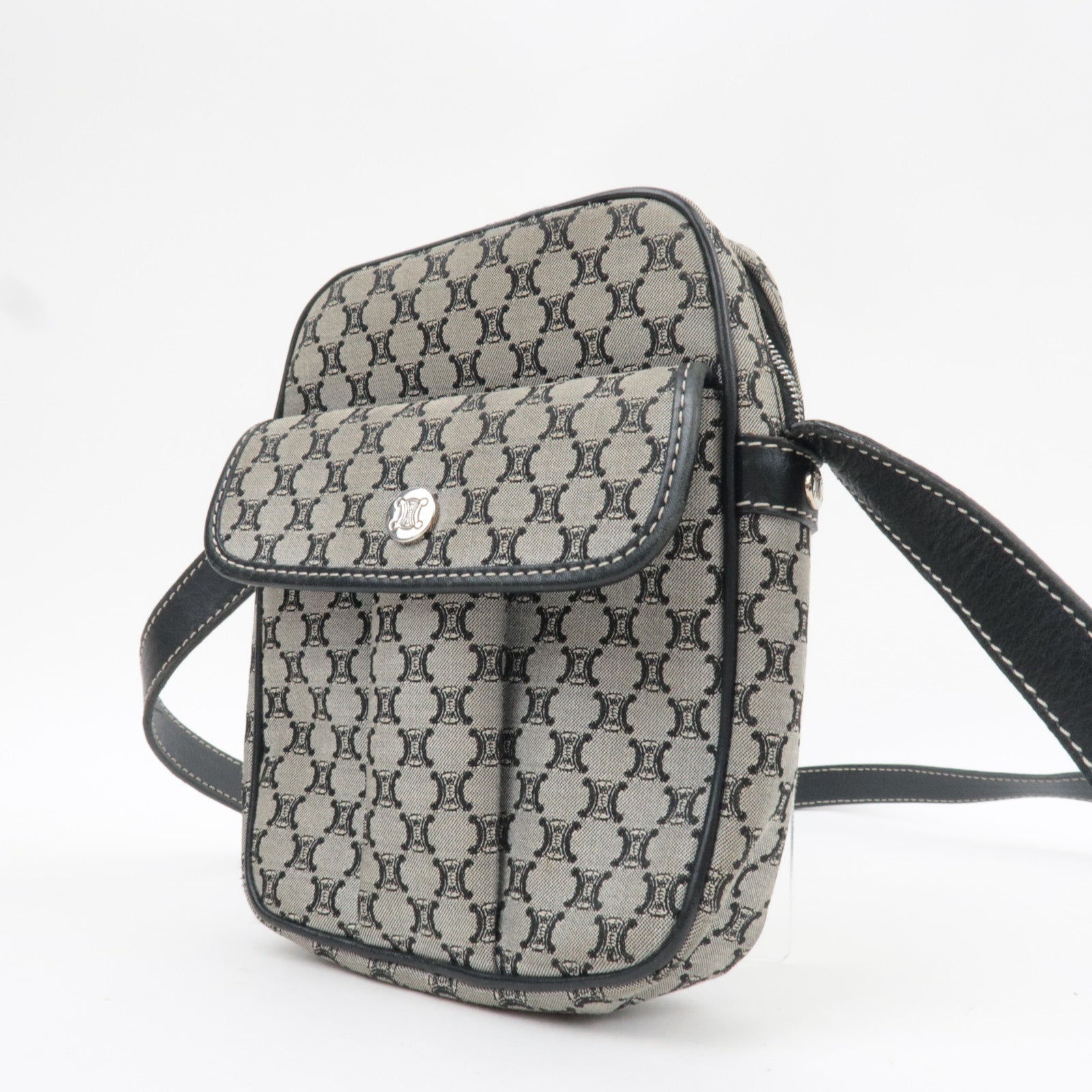 CELINE Macadam Shoulder Bag Canvas Leather Gray Navy