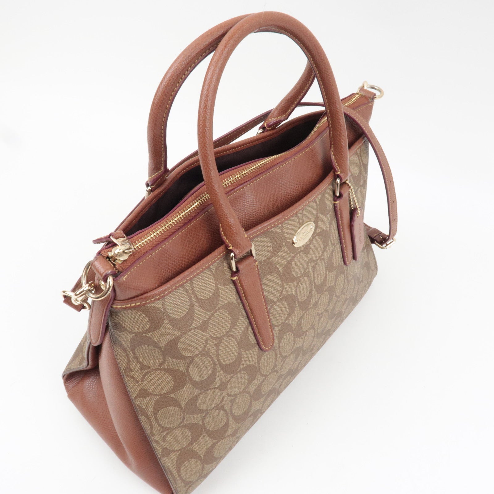 COACH Signature 2Way Handbag PVC Leather Beige Brown F34617 *Strap