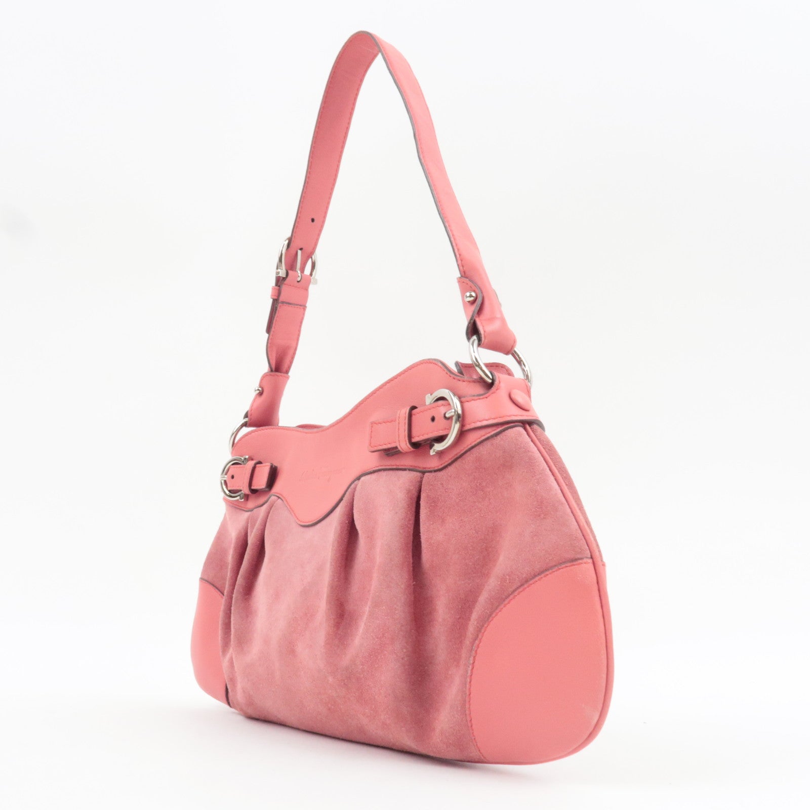 Ferragamo Gancini Shoulder Bag Suede Leather Pink