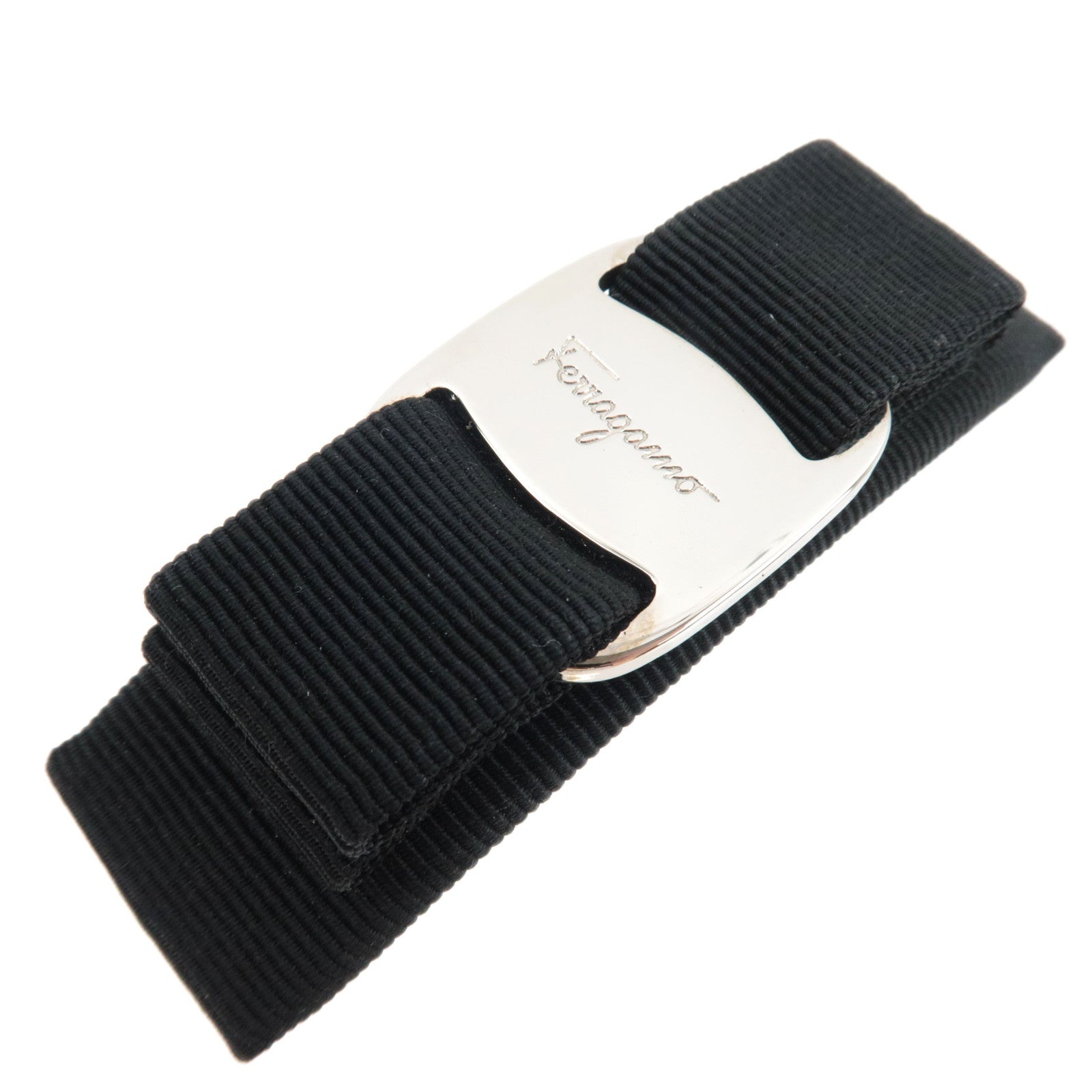 Ferragamo Vara Ribbon Barrette Hair Clip Cotton Nylon Black Silver HDW82002