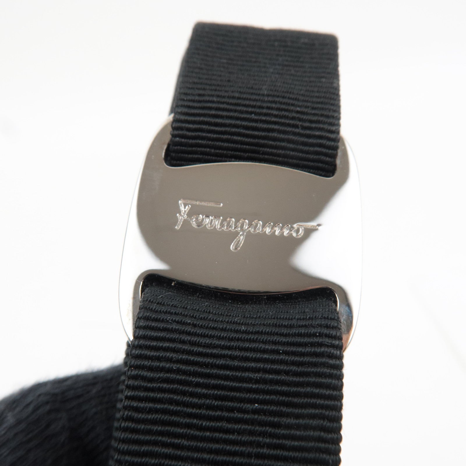Ferragamo Vara Ribbon Barrette Hair Clip Cotton Nylon Black Silver HDW