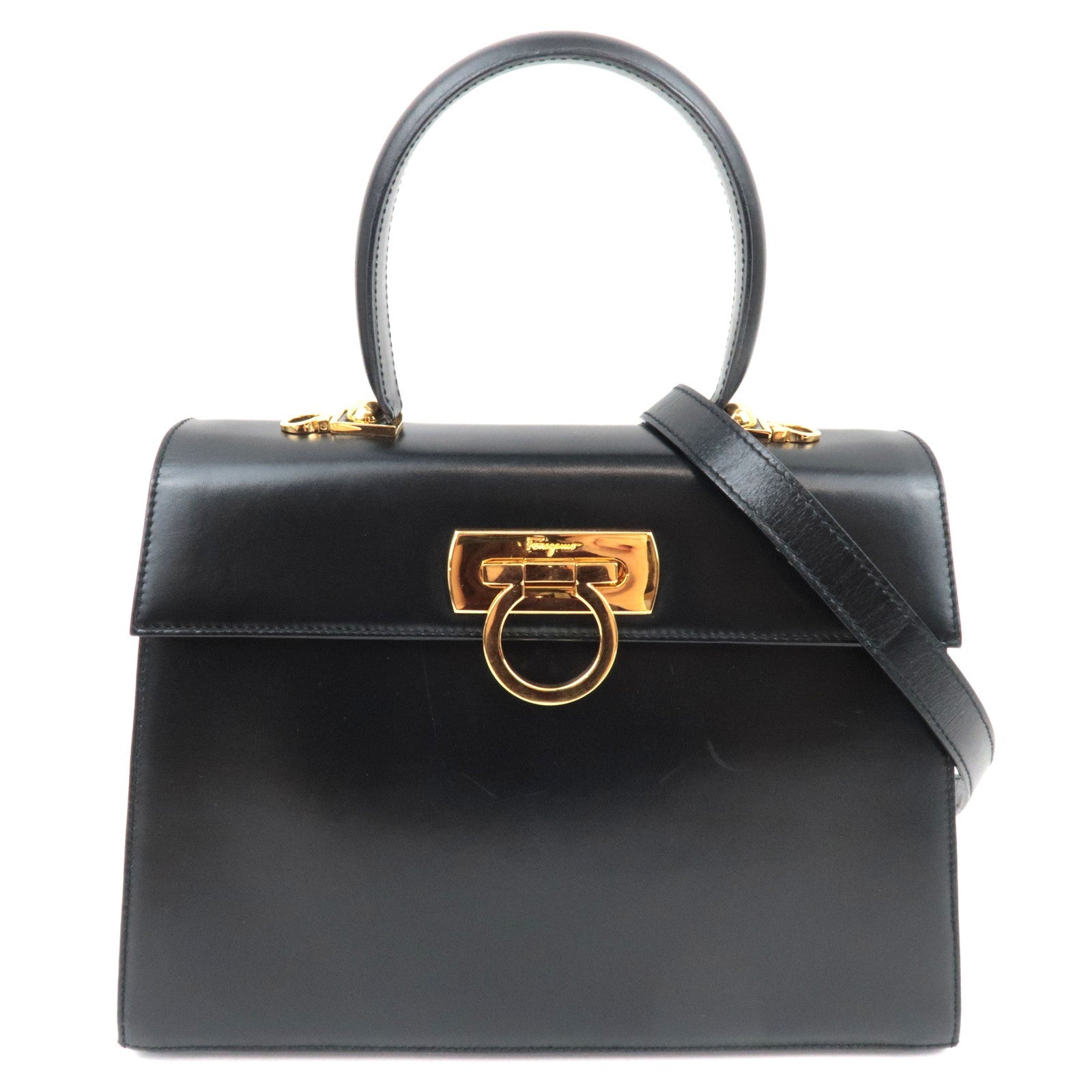 Ferragamo Gancini 2Way Handbag Leather Black Gold HDW *Strap82049