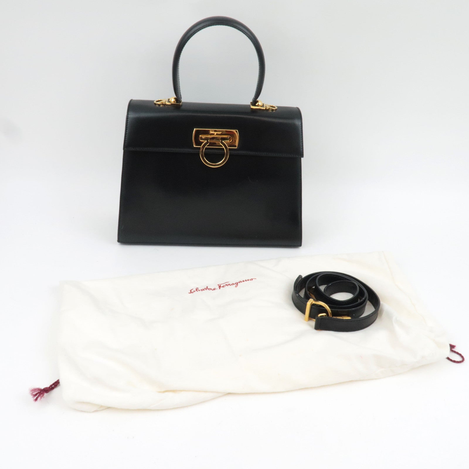 Ferragamo Gancini 2Way Handbag Leather Black Gold HDW *Strap