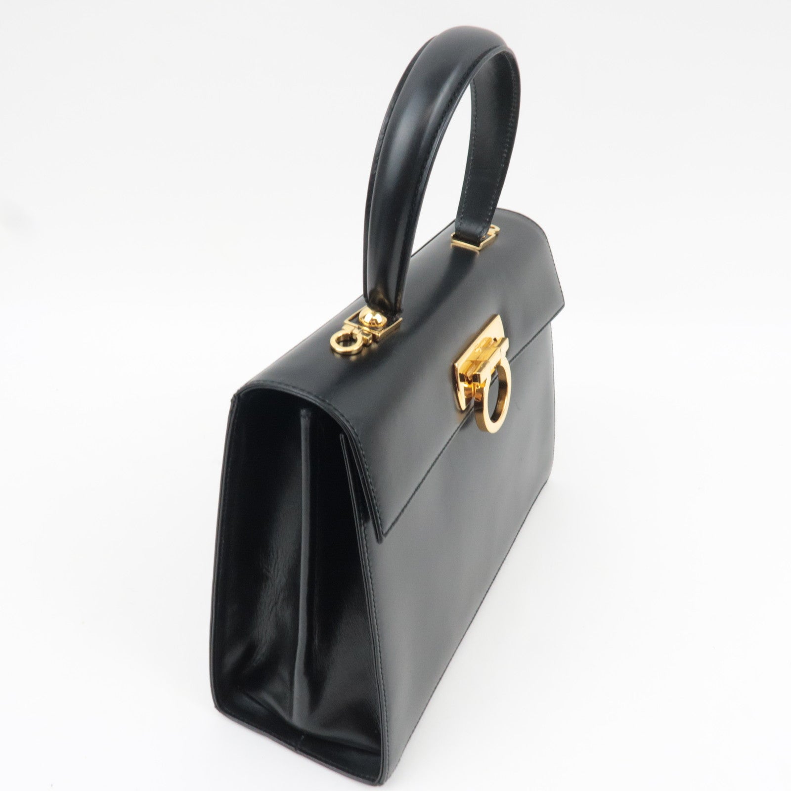 Ferragamo Gancini 2Way Handbag Leather Black Gold HDW *Strap