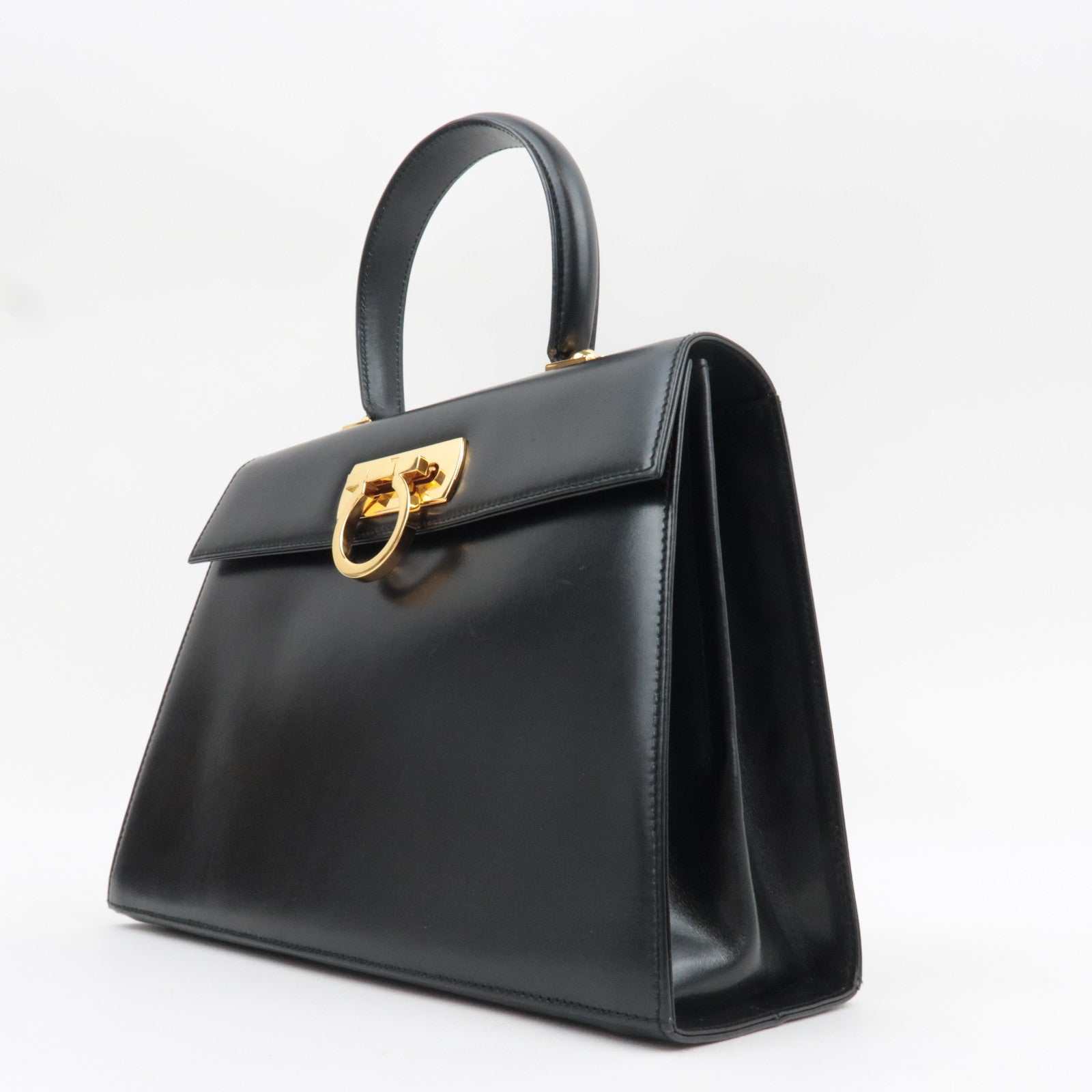 Ferragamo Gancini 2Way Handbag Leather Black Gold HDW *Strap