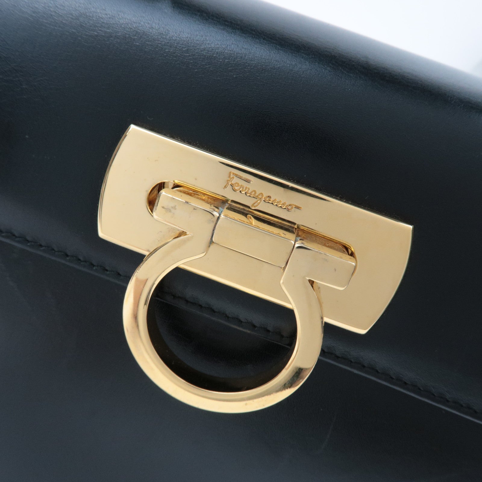 Ferragamo Gancini 2Way Handbag Leather Black Gold HDW *Strap