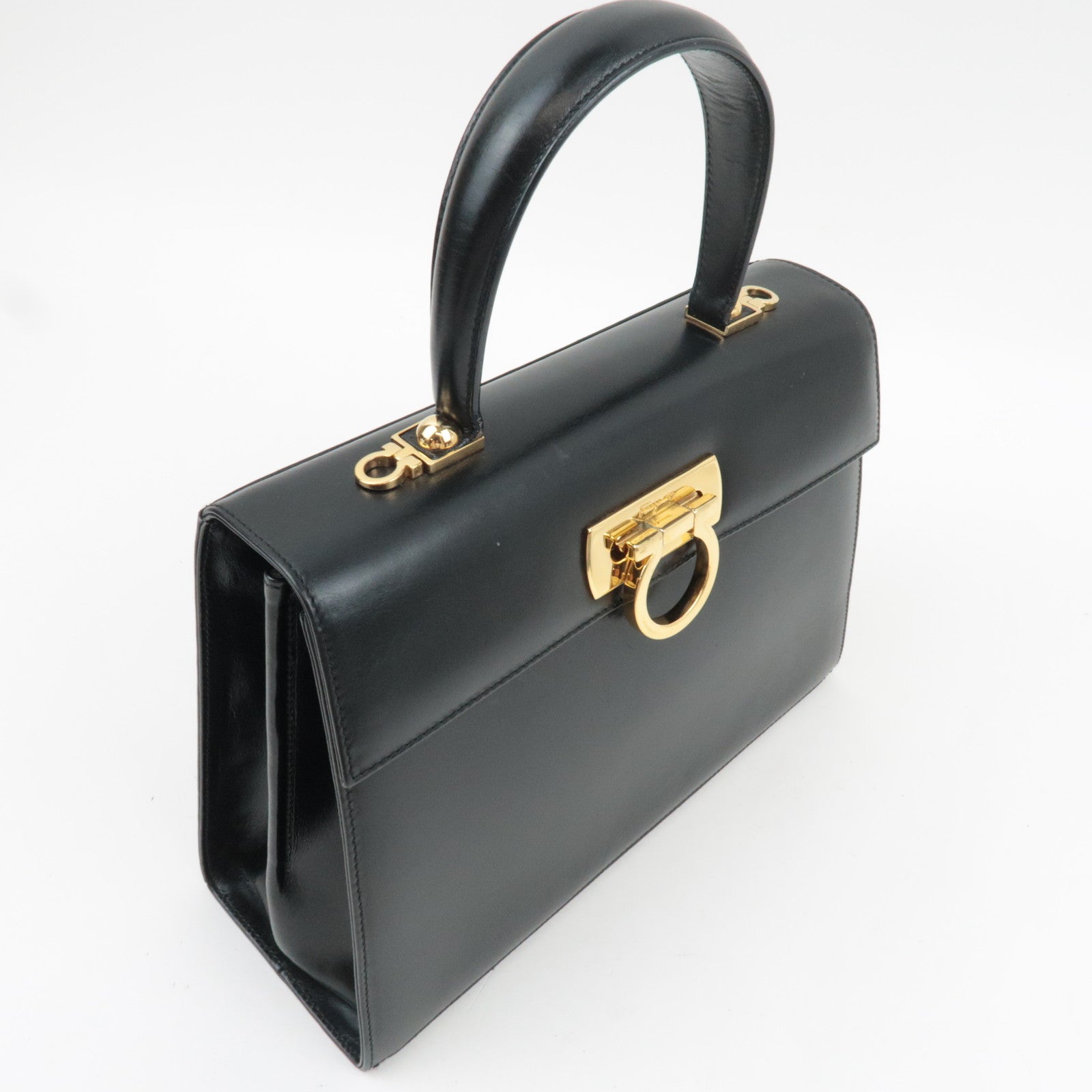 Ferragamo Gancini 2Way Handbag Leather Black Gold HDW *Strap