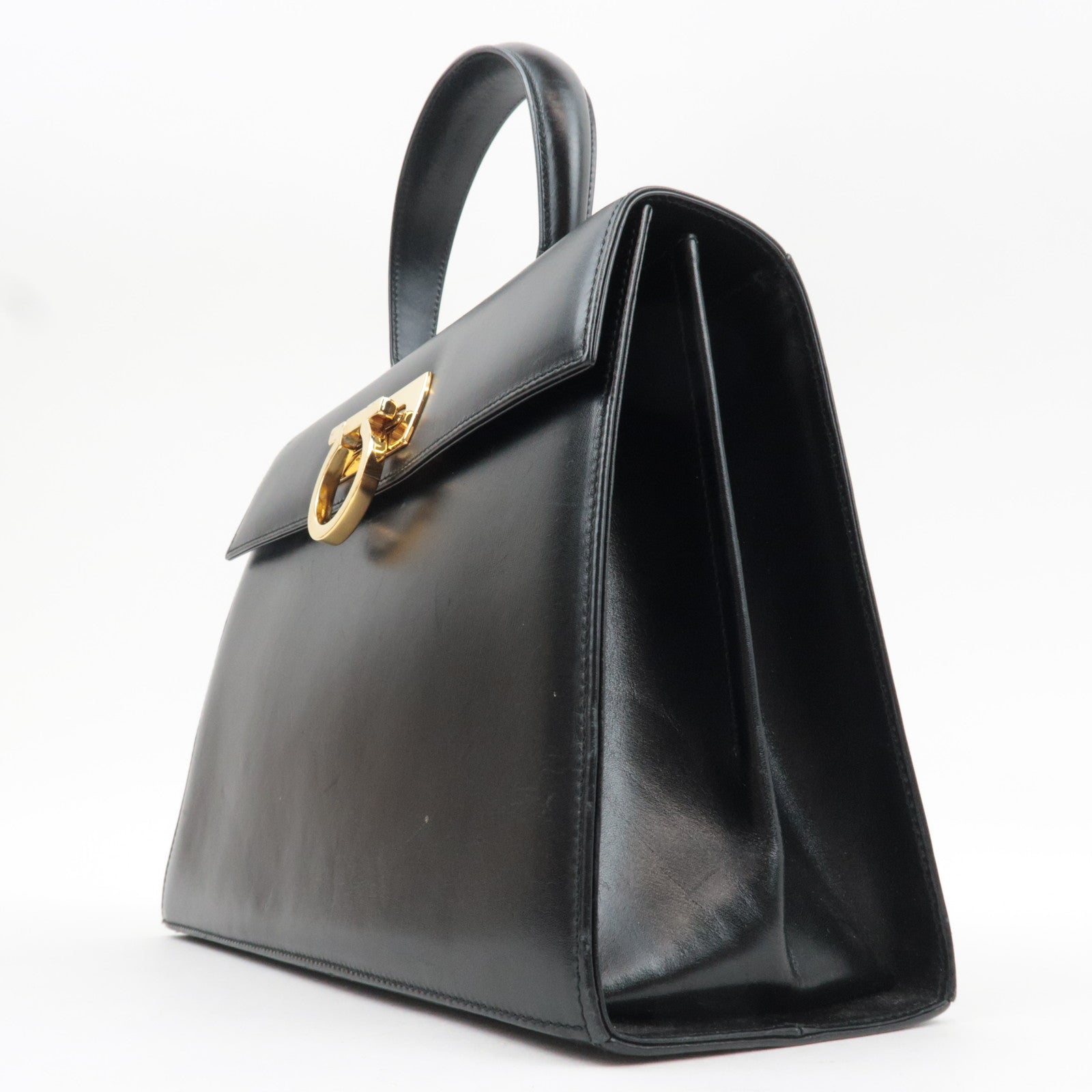 Ferragamo Gancini 2Way Handbag Leather Black Gold HDW *Strap