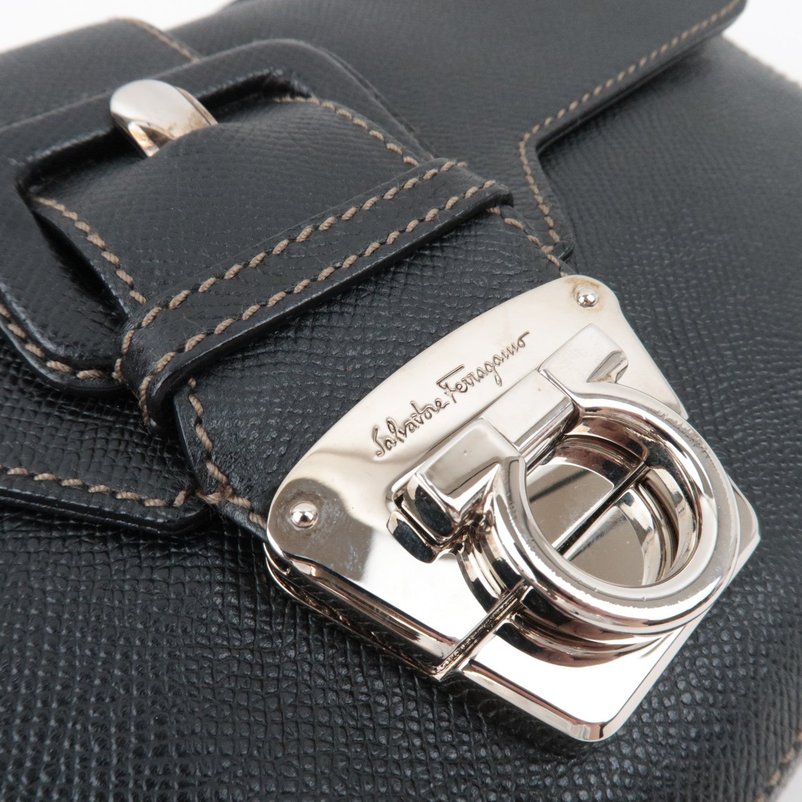 Ferragamo Gancini Shoulder Bag Leather Black Silver HDW