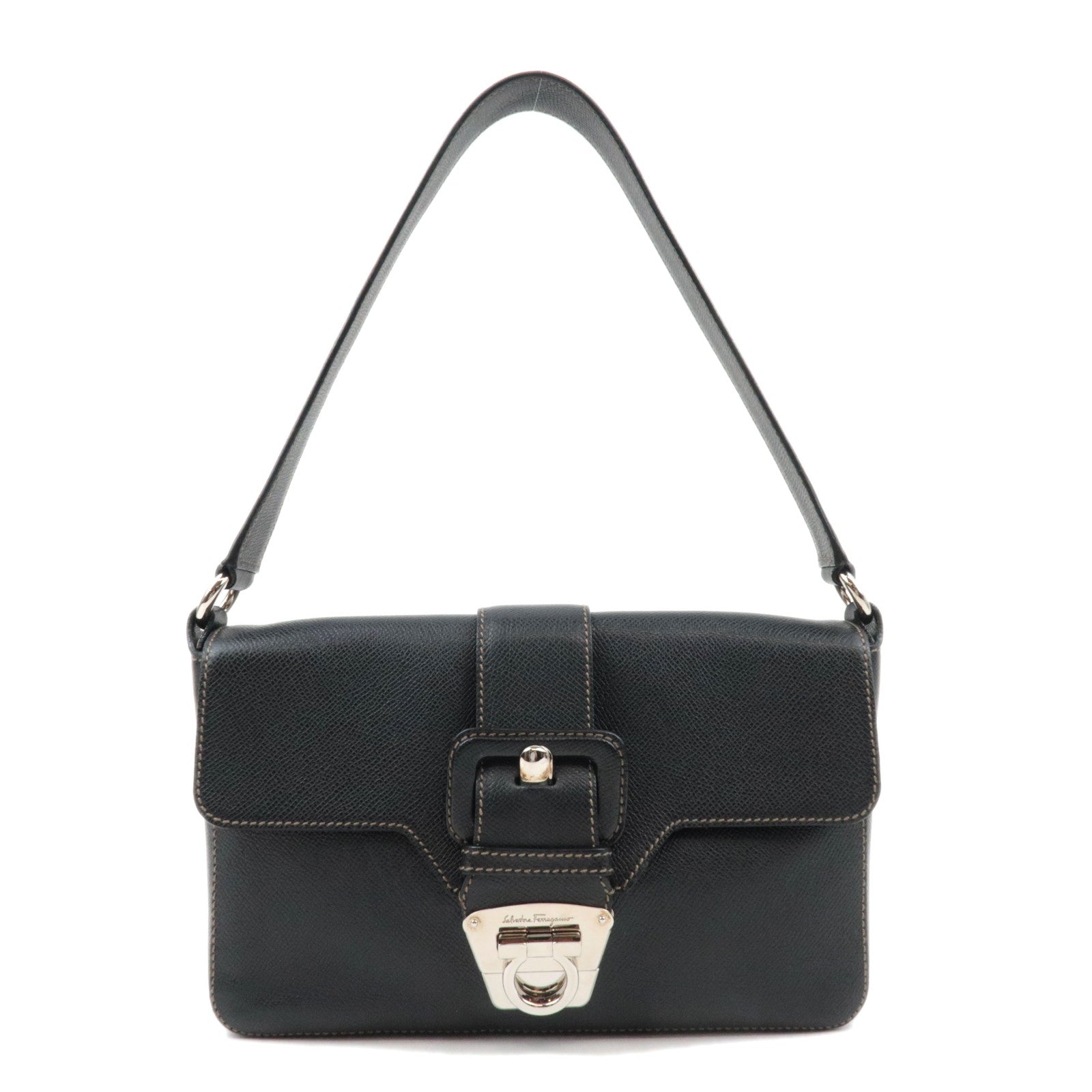 Ferragamo Gancini Shoulder Bag Leather Black Silver HDW82052