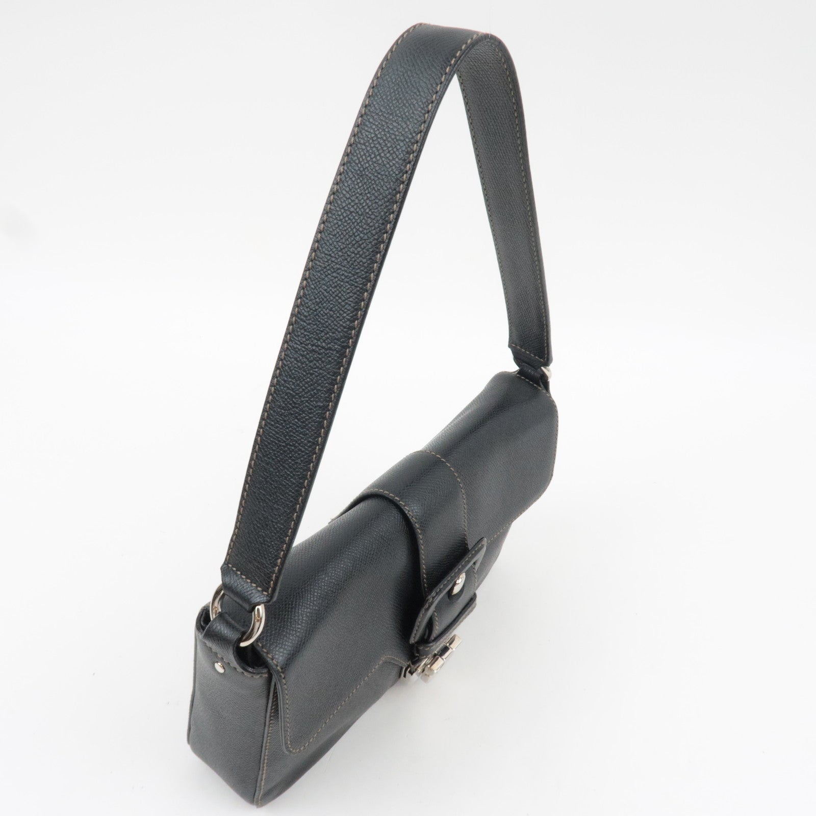 Ferragamo Gancini Shoulder Bag Leather Black Silver HDW