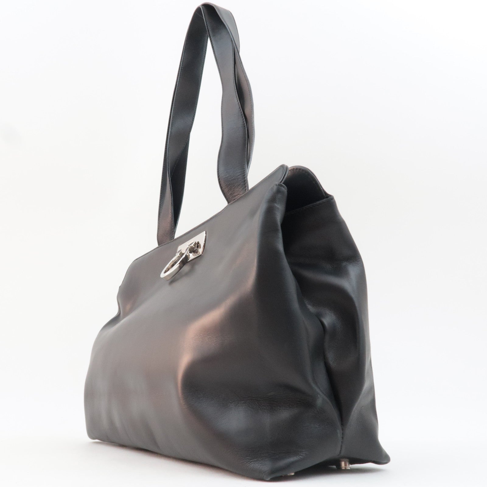 Ferragamo Gancini Tote Bag Leather Black Silver HDW