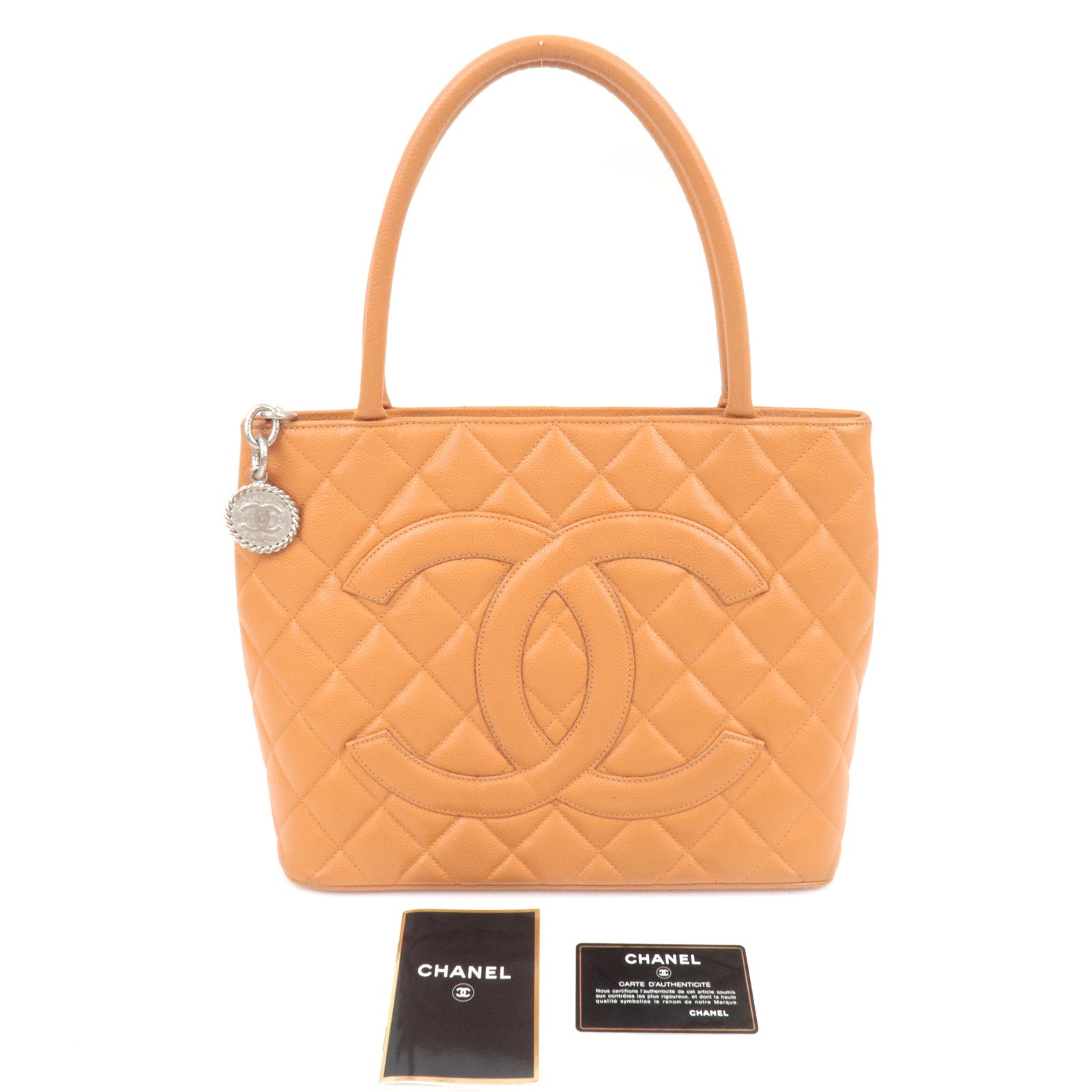 CHANEL Matelasse Medallion Tote Caviarskin Orange Silver HDW A01804 5571867 *G card