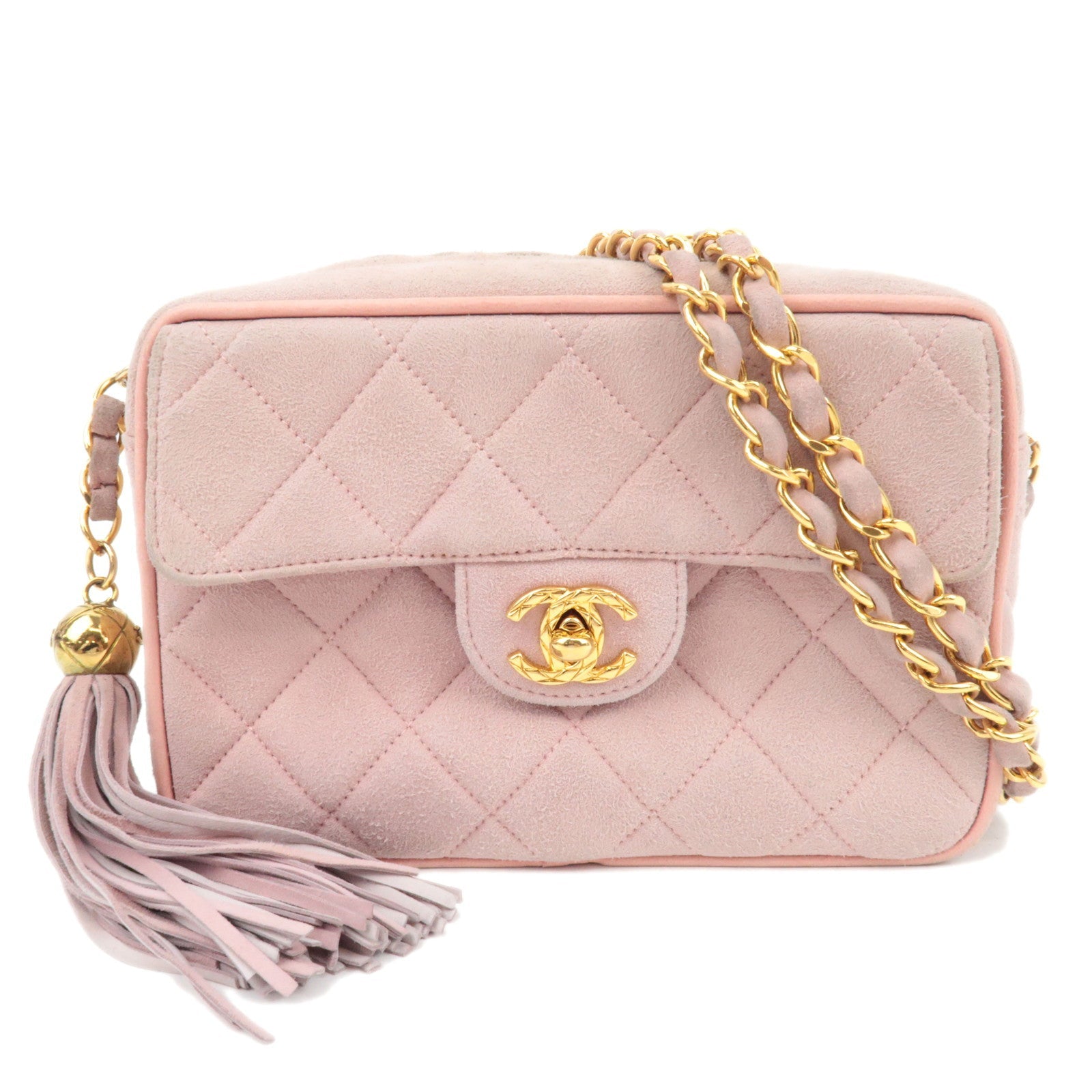 CHANEL Matelasse Fringe Chain Shoulder Bag Suede Pink Gold HDW82088