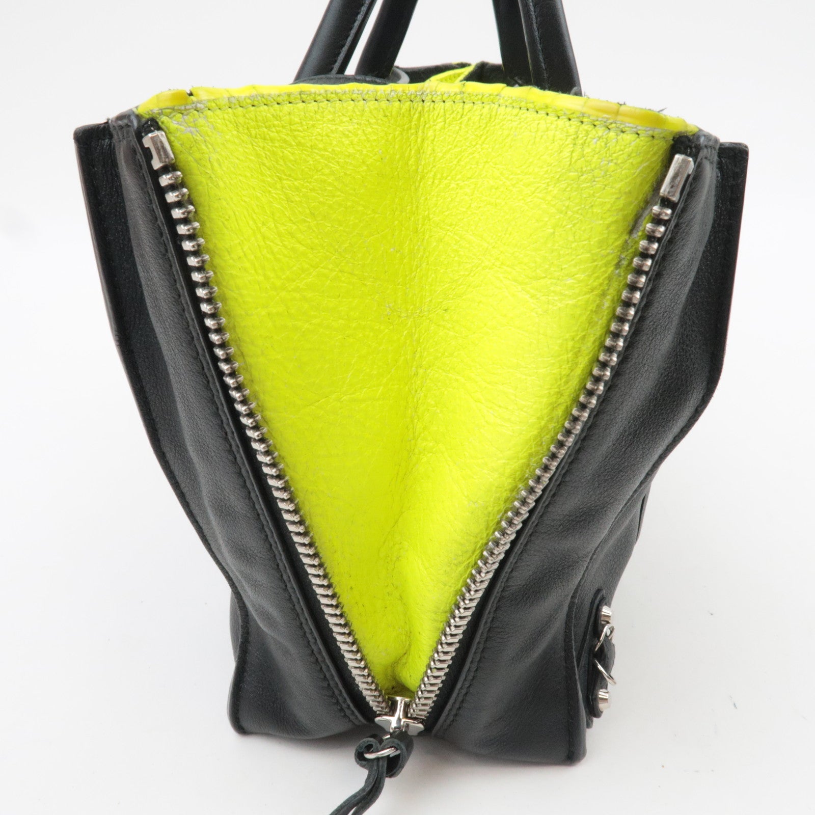 BALENCIAGA Paper A6 Zip-Around 2Way Bag Leather Black Neon Yellow 370926 *Strap