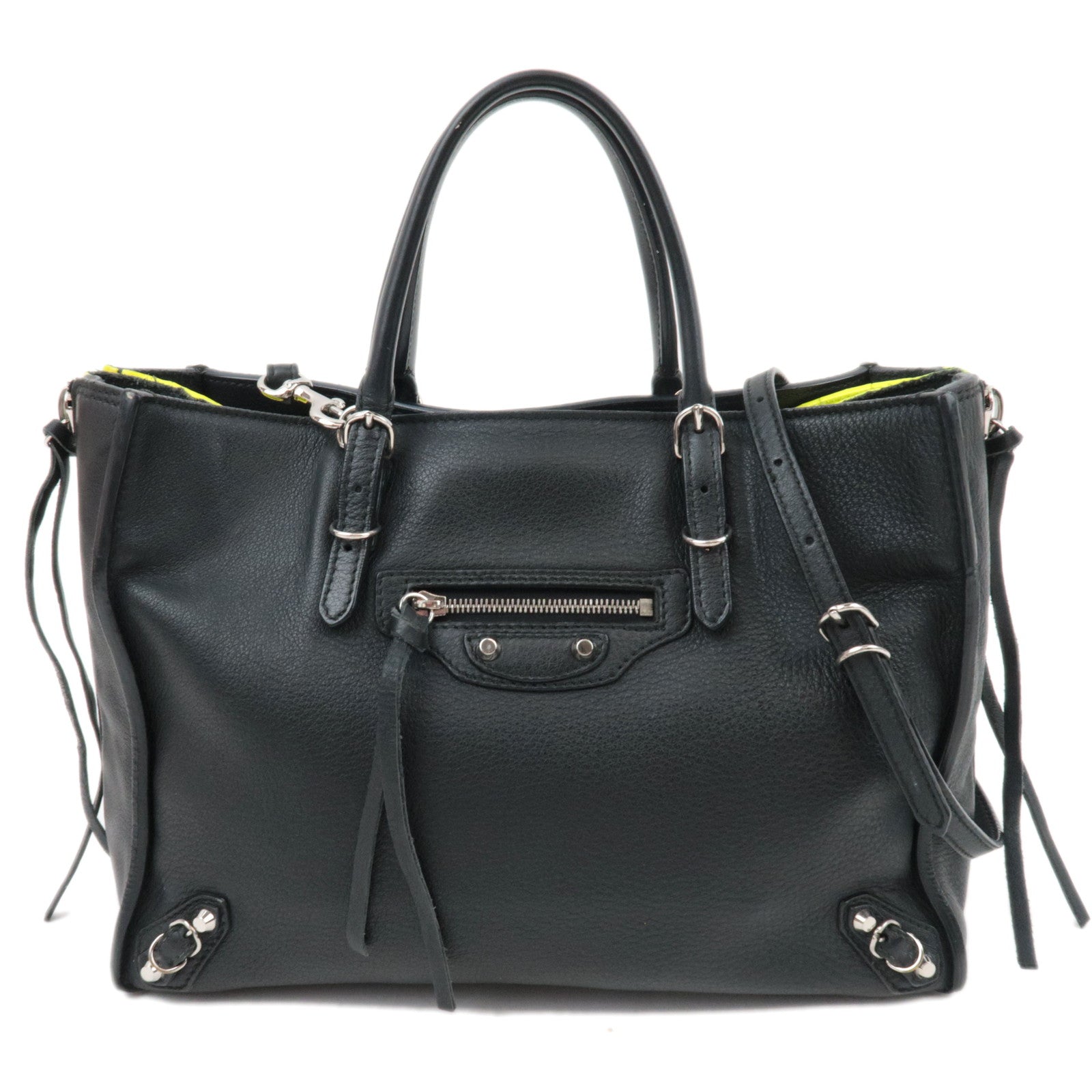 BALENCIAGA Paper A6 Zip-Around 2Way Bag Leather Black Neon Yellow 370926 *Strap82106
