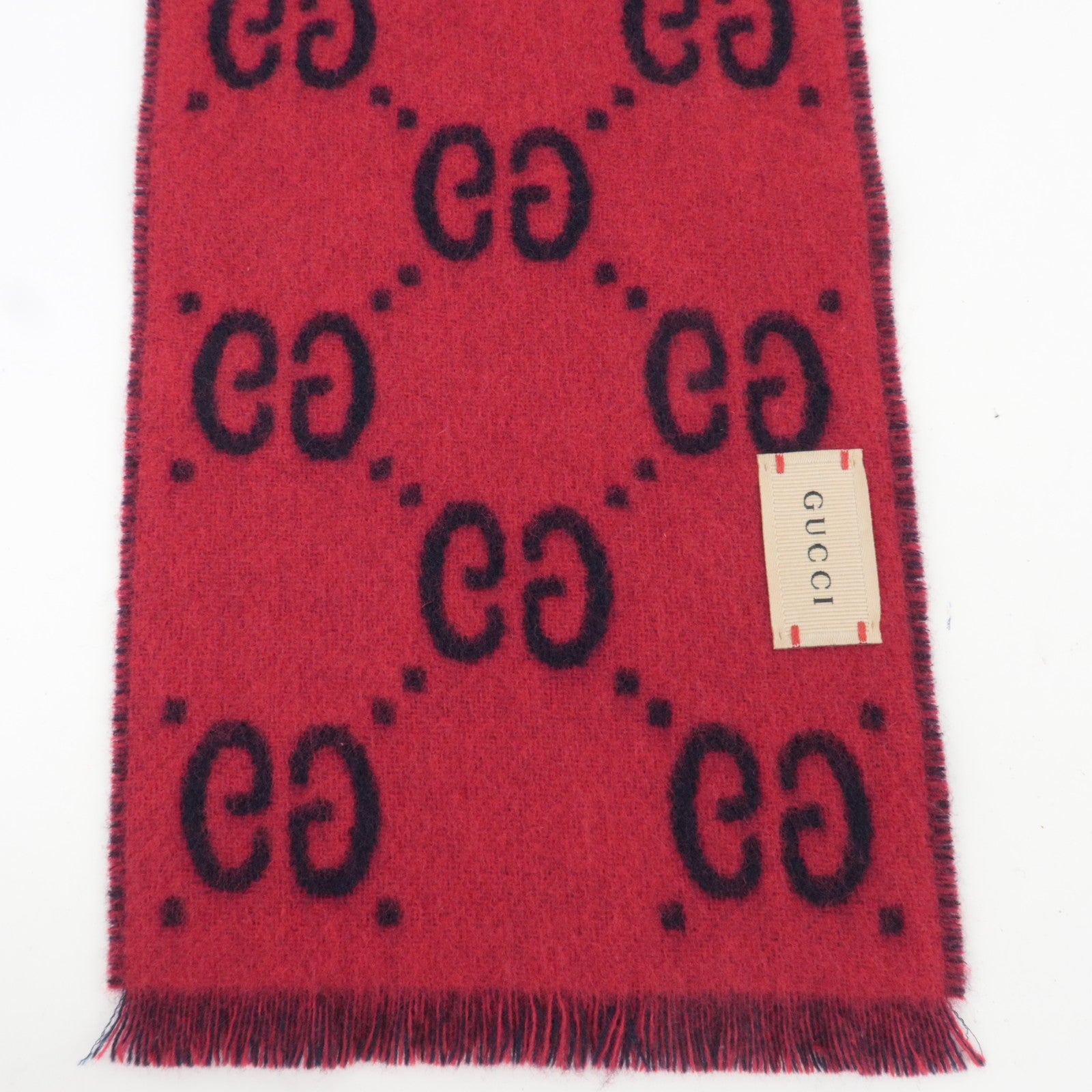 GUCCI GG Pattern Scarf 100% Wool Navy Red