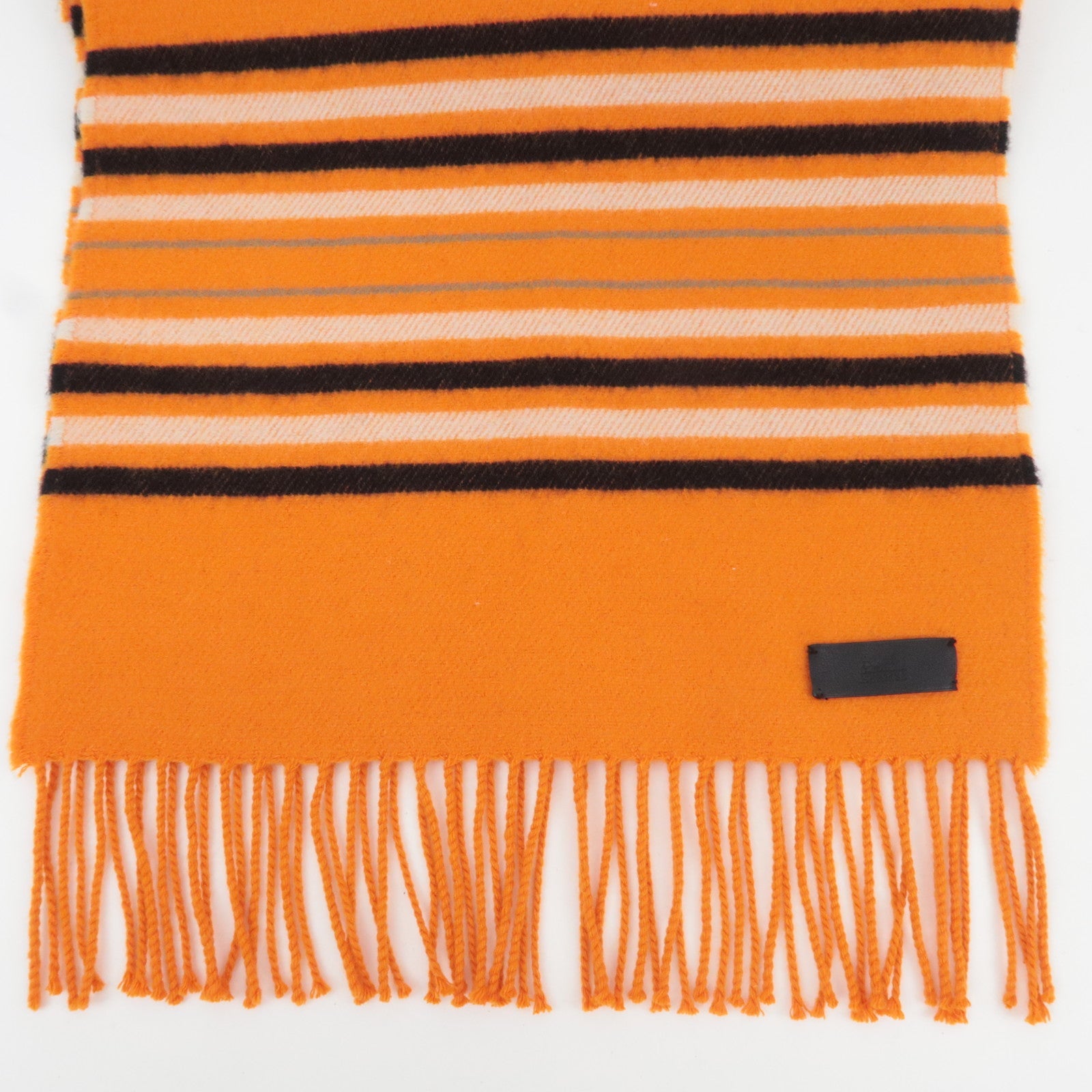 HERMES Neo Rocabar Striped Scarf Leather Tag 100% Cashmere Orange
