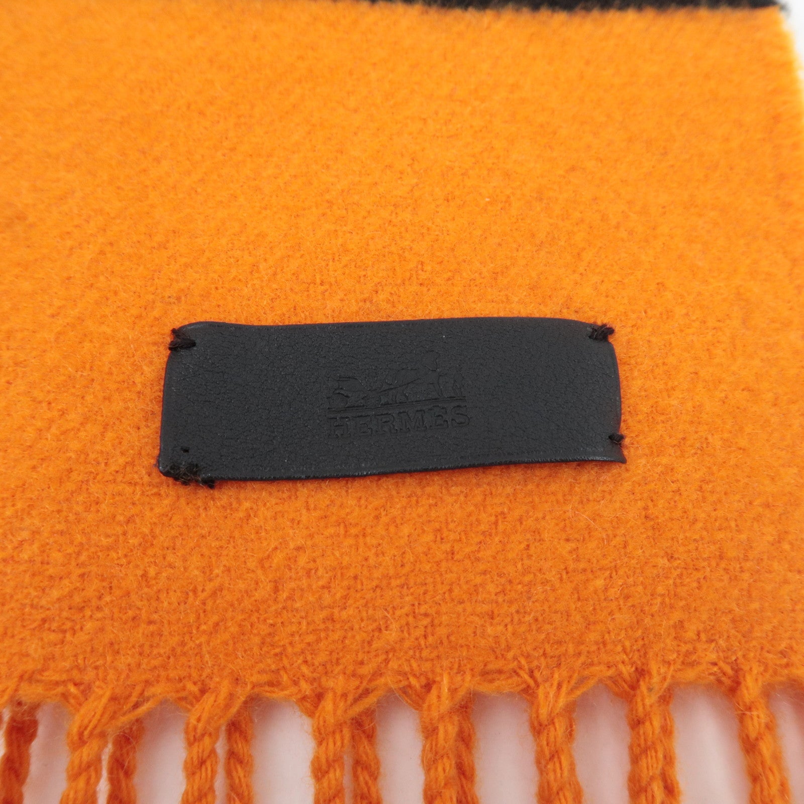 HERMES Neo Rocabar Striped Scarf Leather Tag 100% Cashmere Orange