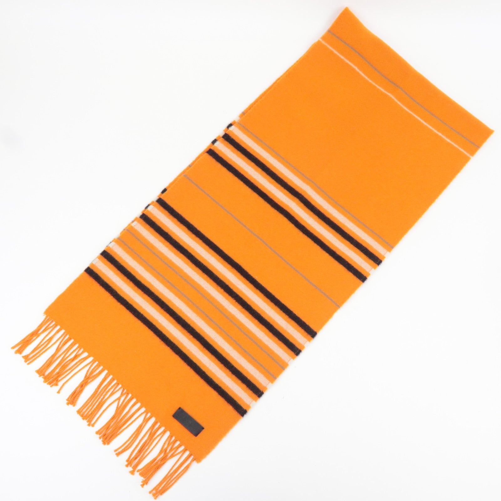 HERMES Neo Rocabar Striped Scarf Leather Tag 100% Cashmere Orange