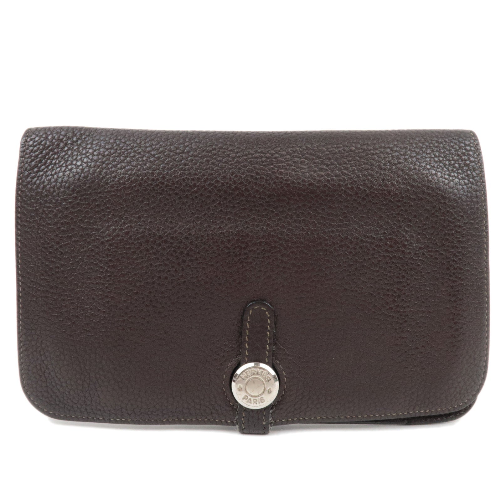 HERMES Dogon GM Taurillon Clemence Wallet Chocolate *Pouch82124