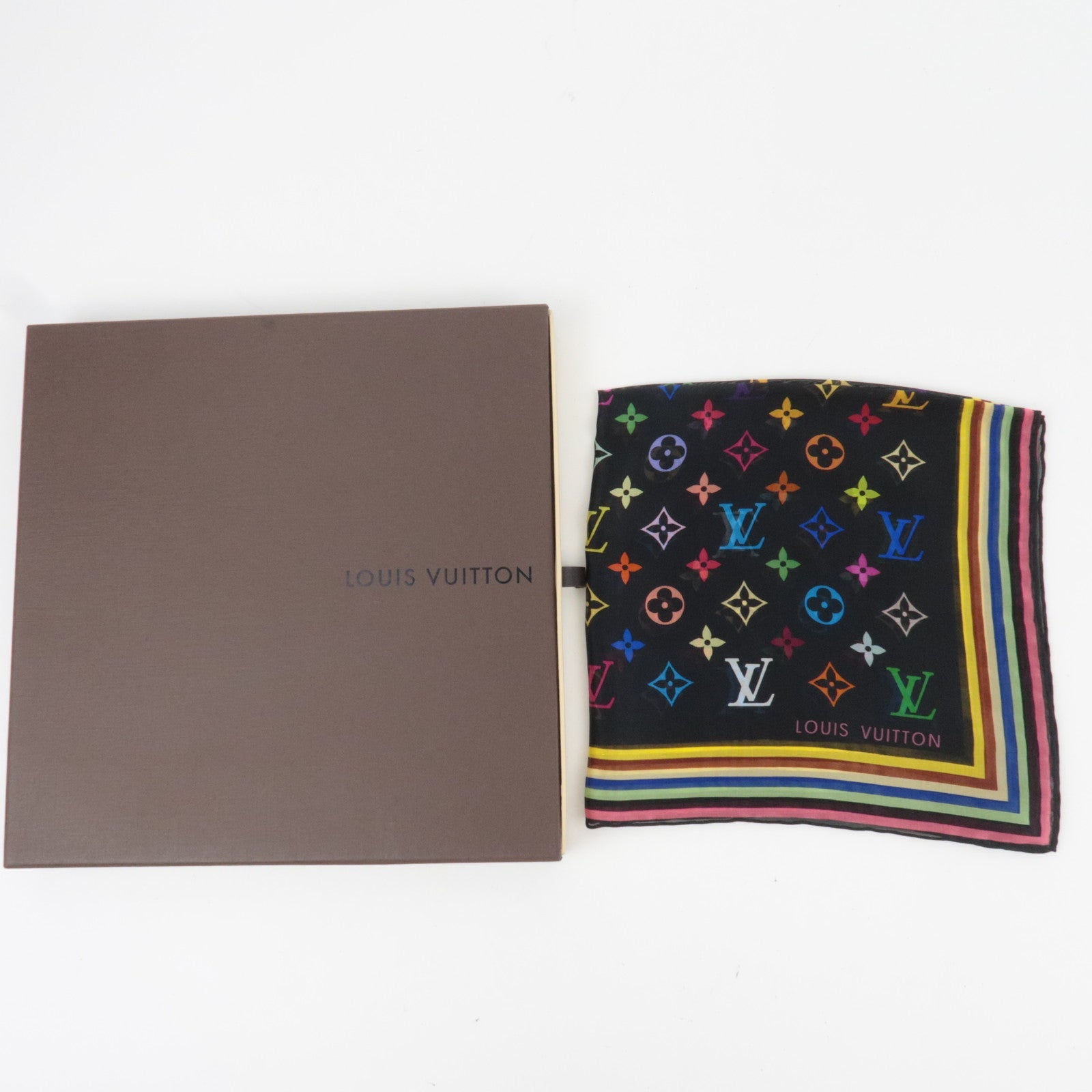Louis Vuitton Monogram Multicolor Scarf 100% Silk Noir M71912 *Box