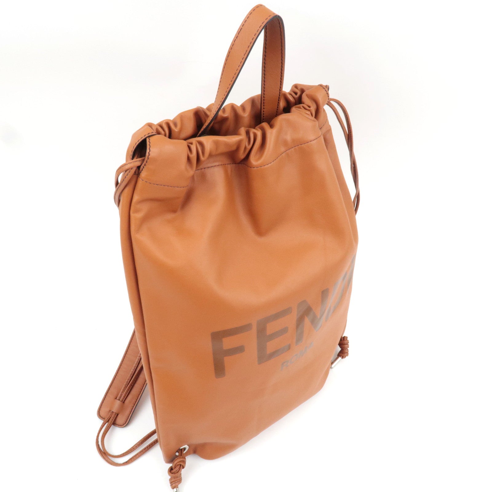 FENDI Logo Backpack Leather Brown 7VZ057