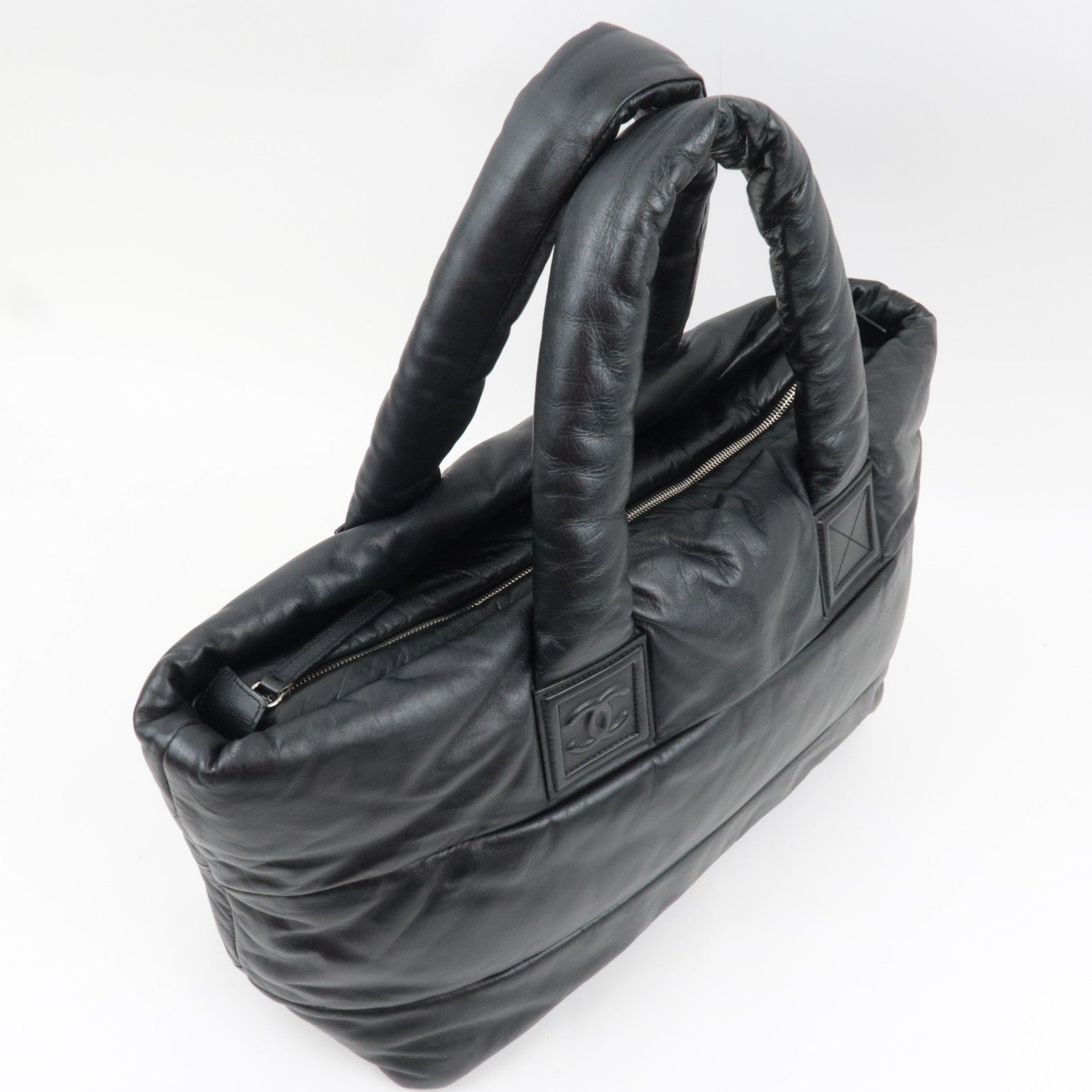 CHANEL Coco Cocoon Tote Bag Leather Black Silver HDW 14052139